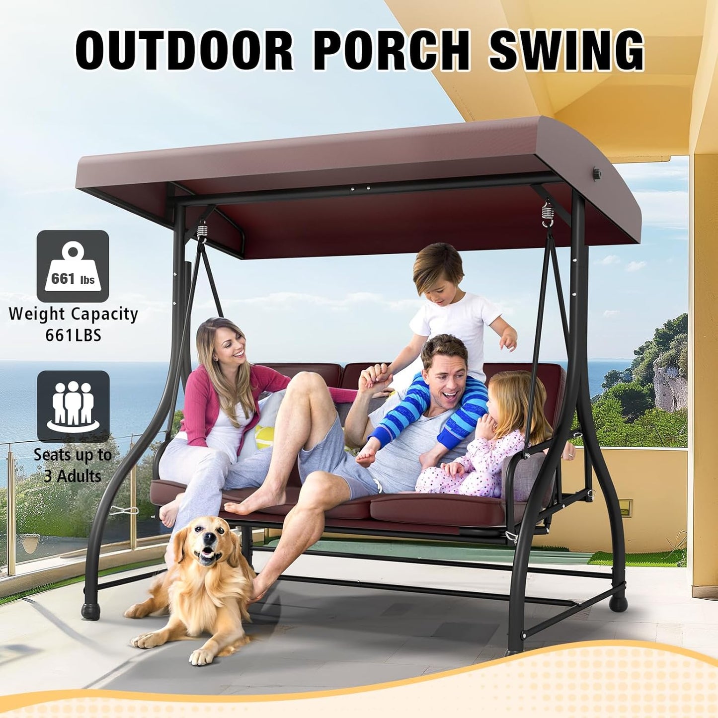 3 in 1 Porch Swing Chair with Adjustable Canopy Cover & Replacement Cushions, 3 Seat Patio Swings Bed with Heavy Duty Stand for Outdoor Backyard, Pools, Garden, Brown