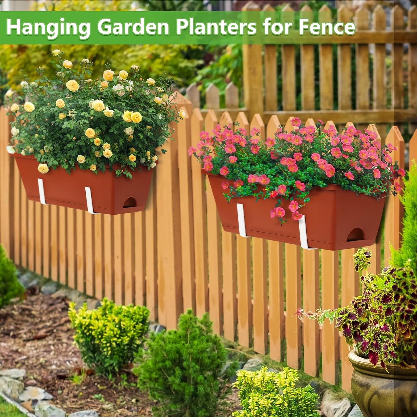 Railing Planter Boxes, Deck Hanging Planters for Railing, 16.9 Inch Railing Hanging Planter, Balcony Planters Railing Hanging, Red and White (WR4)