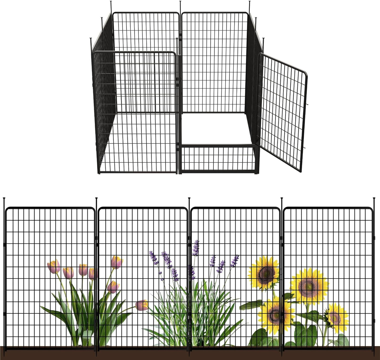 Decorative Garden Fence with Gate 50 in(H) x 20.5 ft(L) 8 Panels, Heavy Duty Metal Animal Barrier Fence for Yard, Flower Bed Fencing, Garden Border Fence, Easy Set Up, Black