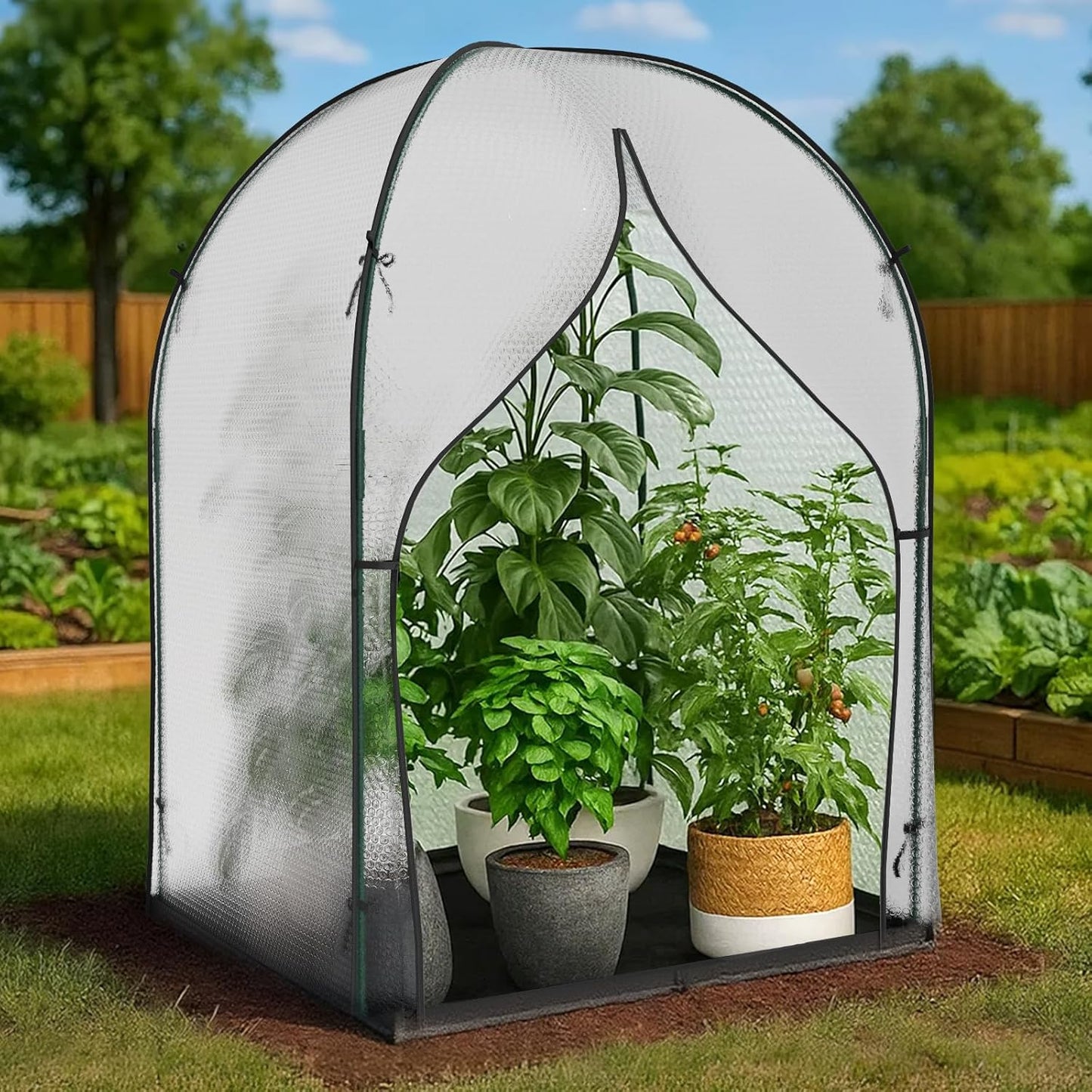 SUNYRISY Greenhouse for Outdoors with Waterproof Pad, Thick Bubble Film Cover Portable Small Mini Green House Kit for Outside, Walk in Zippered Door Grow Tent Plant Cover, 47" L x 47" W x 71" H