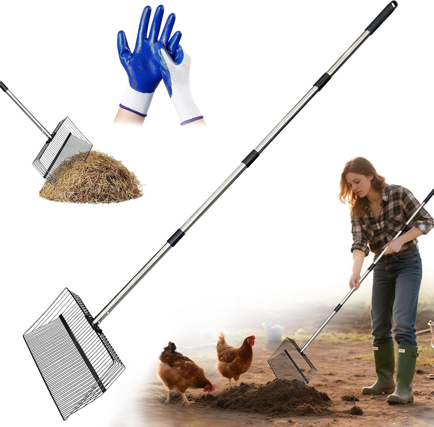 Chicken Poop Scooper for Sand + Work Gloves，Chicken Coop Scoop with 30" to 67" Adjustable Stainless Steel Long Handle，Sifting Shovel，Poop Scooper for Chicken Coop Rake，Farm Animals，Cleaning Tools