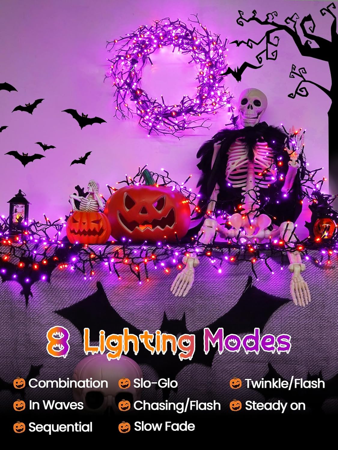 500 LED Orange and Purple Halloween Lights Plug in, Dimmable Twinkle Lights with Remote 8 Modes and Timer, 25FT Waterproof Fairy String Light for Indoor Outdoor Horror Party Tree Decorations