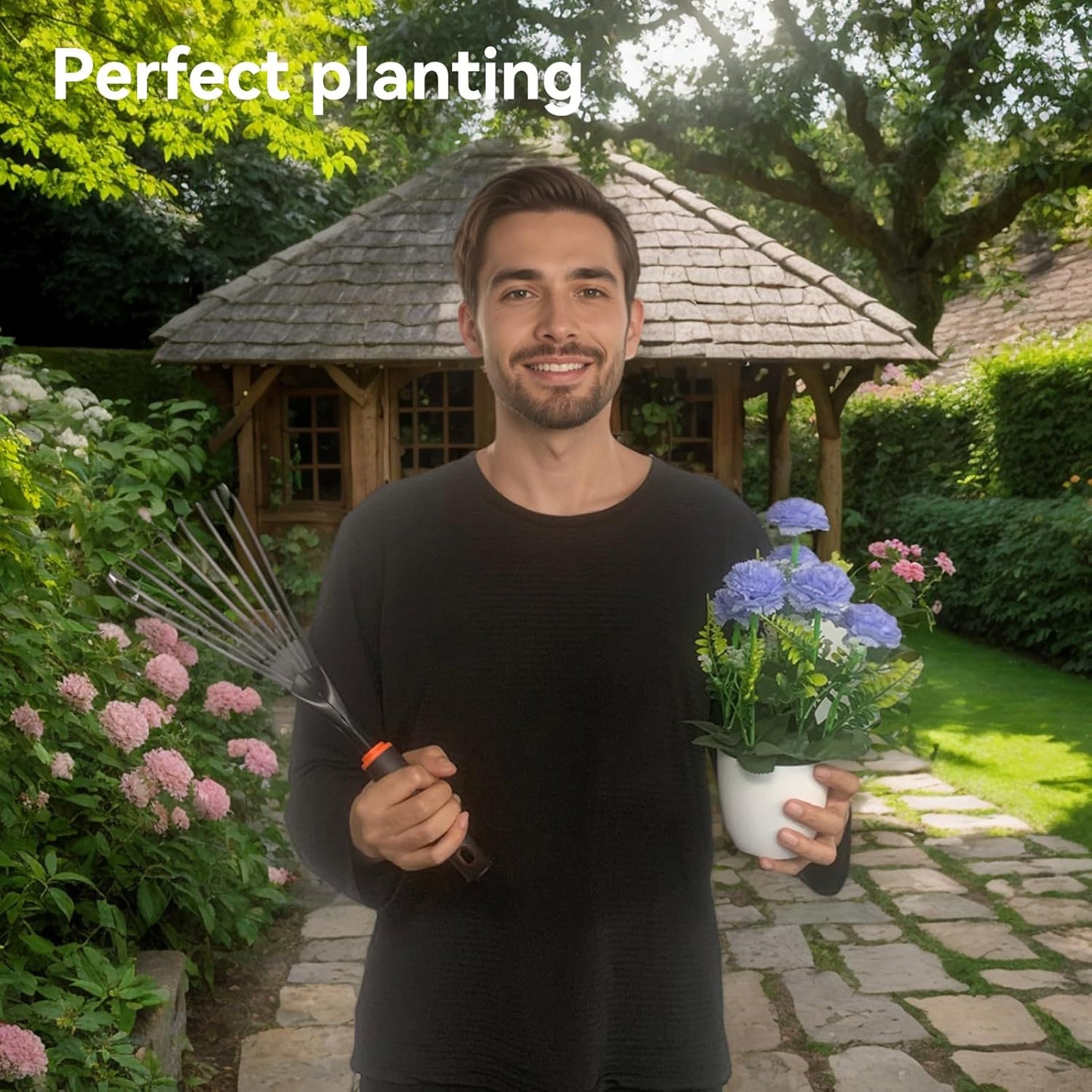 2 Pcs Gardening Hand Rake, 14.5" Alloy Steel Short Handle Shrub Rake for Soil Loosening, Planting and Spreading Mulch, Raking Flower Beds