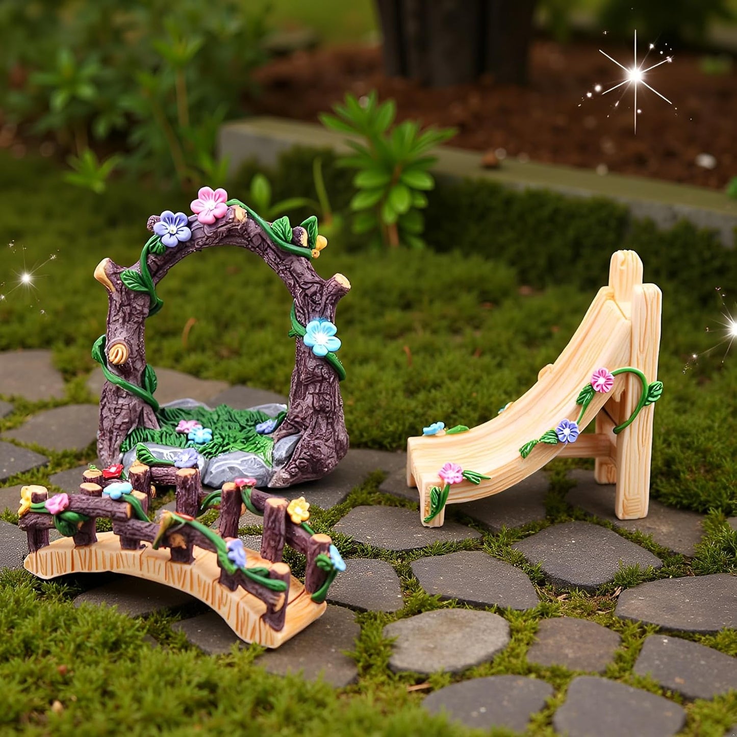 Kai Dream Miniature Fairy Garden Accessories Set, 3 Piece Resin Decorative Landscape Kit with Arch, Bridge and Slide, Floral Garden Ornaments