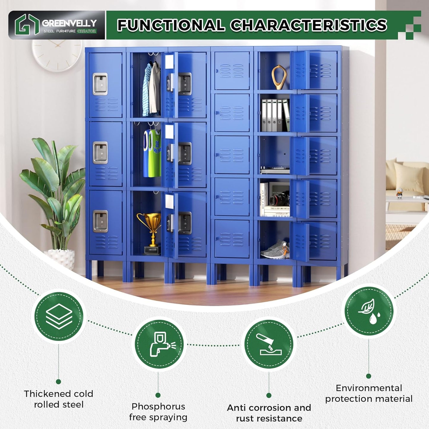 Greenvelly Storage Locker for Employee,Office,Metal Gym Locker with 3 Door,Steel Blue Locker Cabinet Organization for School, Free Standing