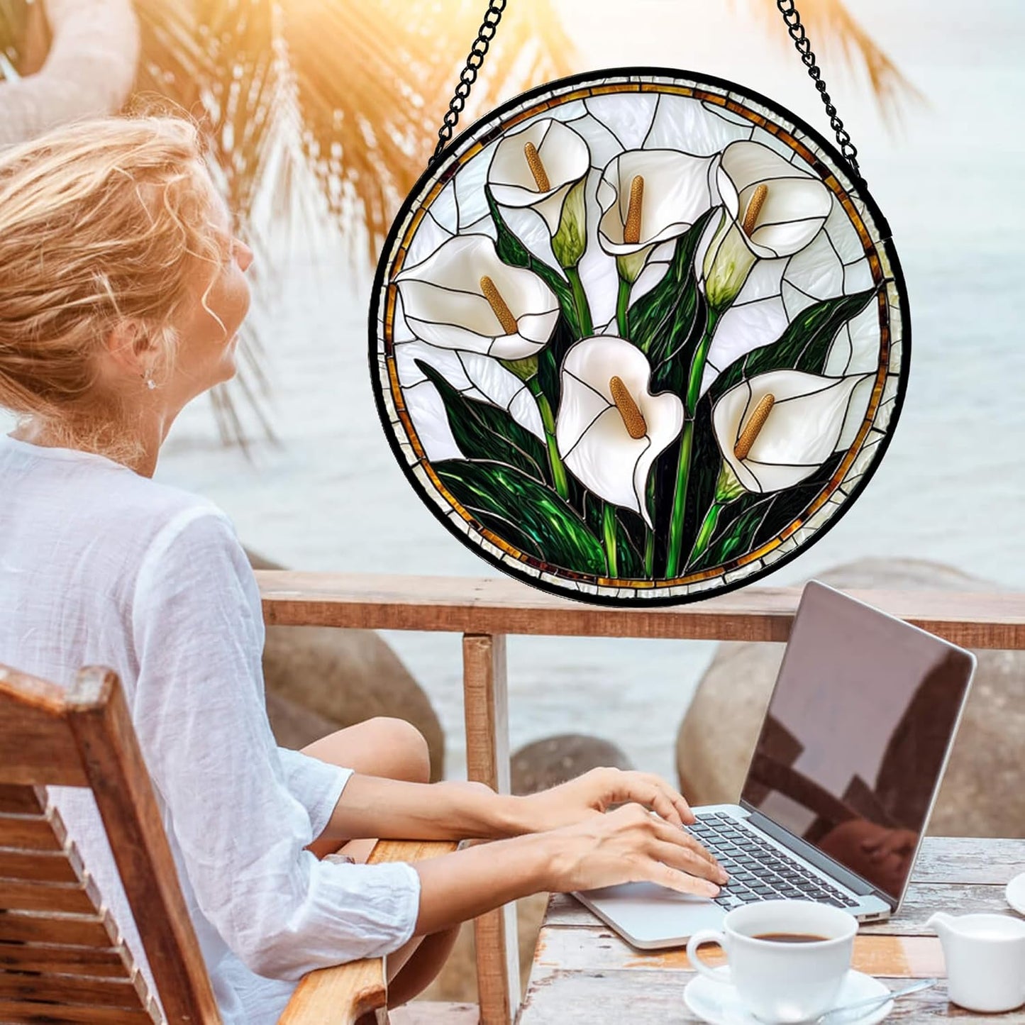 Stained Glass Window Hanging, White Calla Lily Flowers Sun Catchers Glass Panel Plant Suncatcher Decor for Birthday for Women, Men, Wife, Aunt, and Mom 14.9x14.9 in