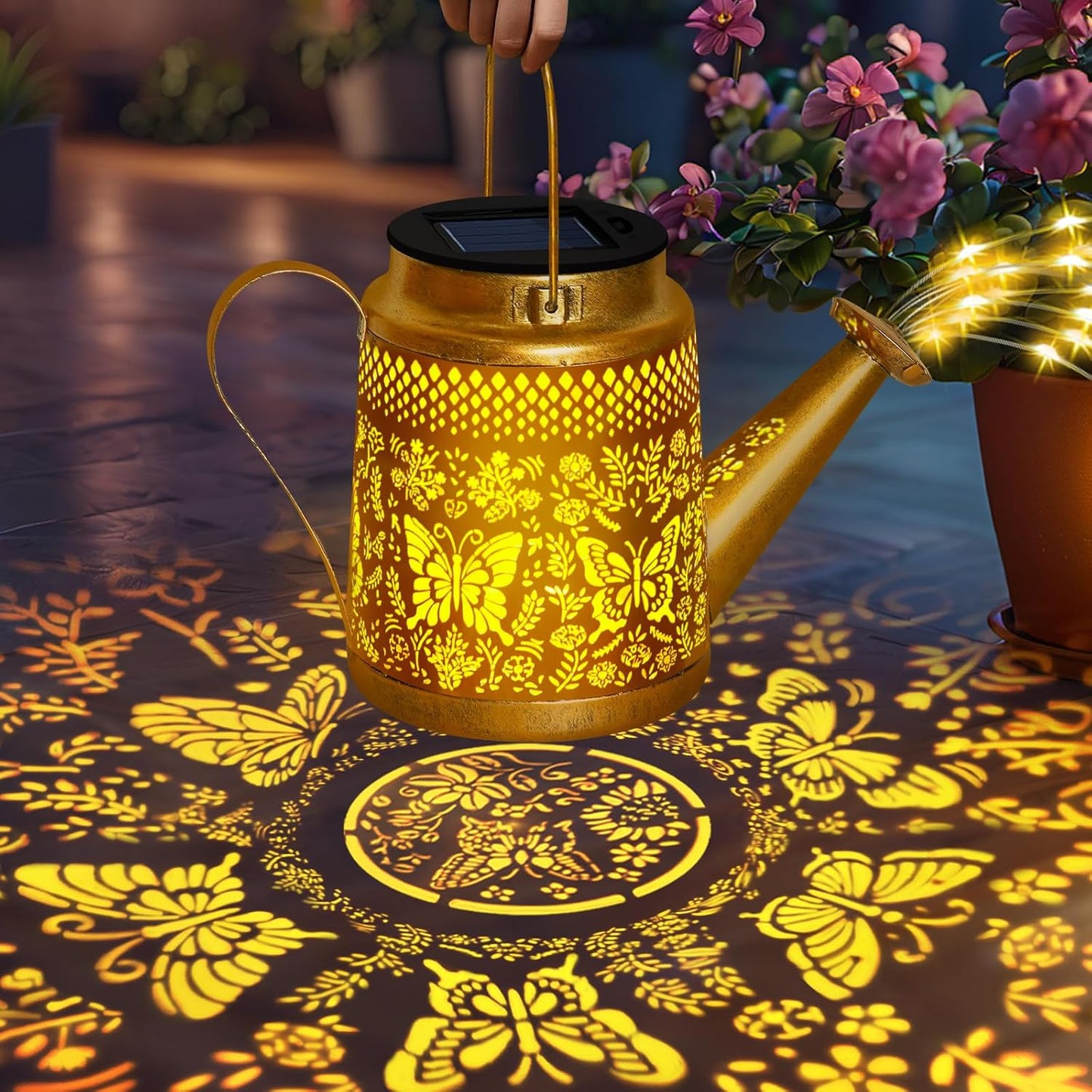Solar Watering Can Lights Outdoor Garden Decor, Large Butterfly Hanging Lantern with Shepherd Hook, Waterproof Garden Lights for Outdoor Landscape Pathway Yard, Gift for Mom Grandma