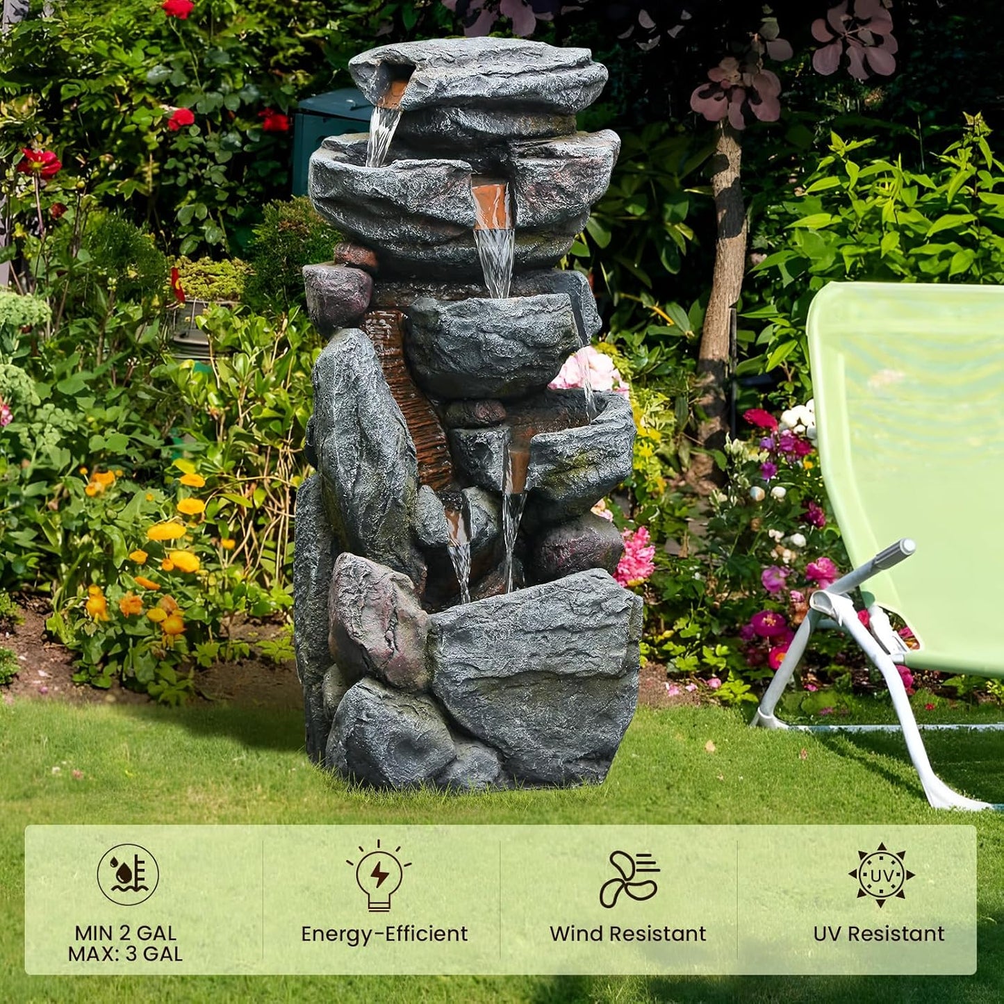 The 5-Tiered Rock Water Fountain Outdoor&Indoor, 31.5’’H Floor-Standing Garden Fountains, Stone Feature and Waterfall with Lights for Patio, Backyard, Deck, Porch, Home DéCor, Gray