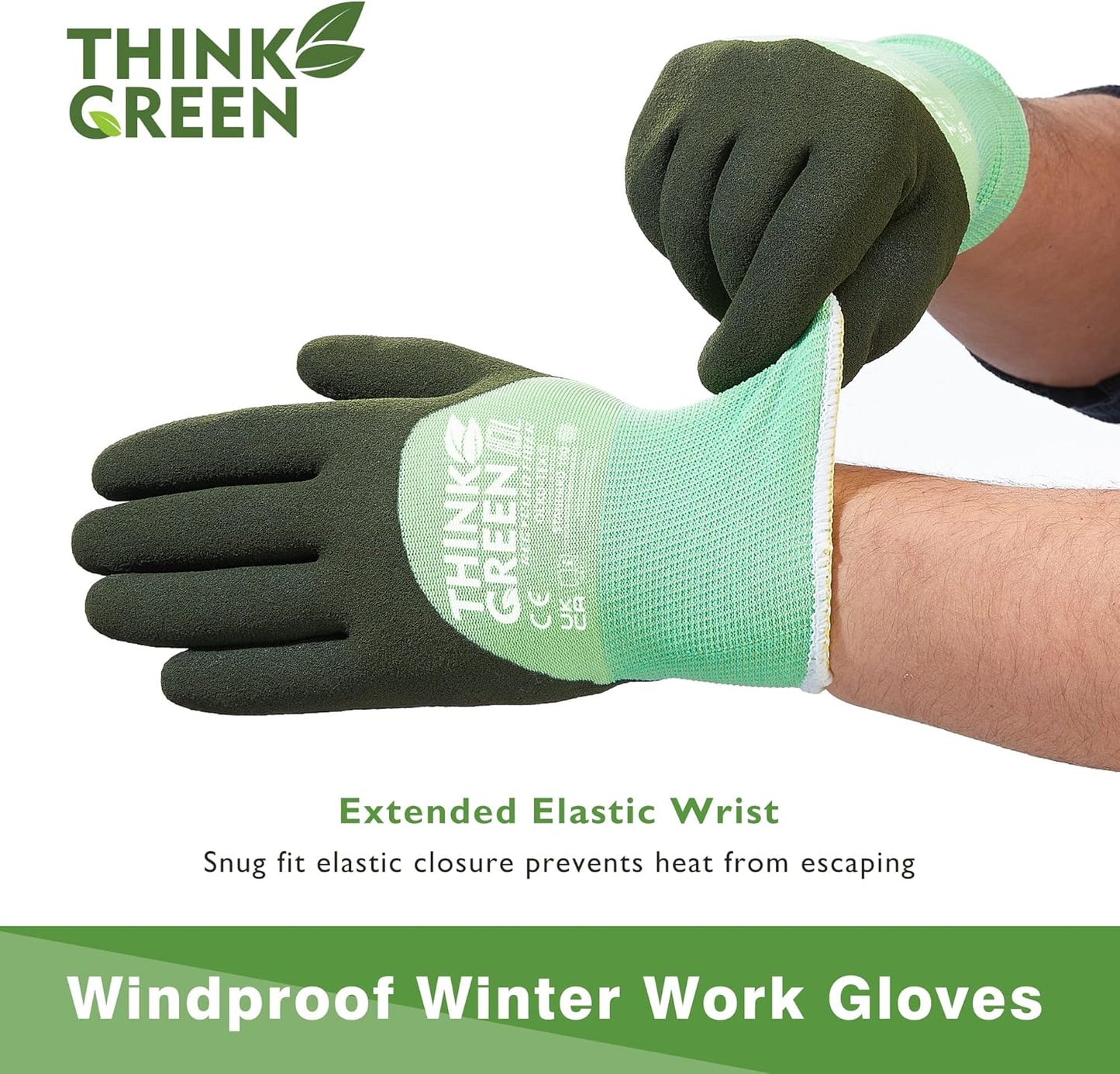 COOLJOB Thick Fleece Lined Winter Thermal Warm Freezer Work Gloves, 100% Recycled Polyester Base with Non-Slip Grip, Windproof for Cold Weather, 1 Pair, Large, Green