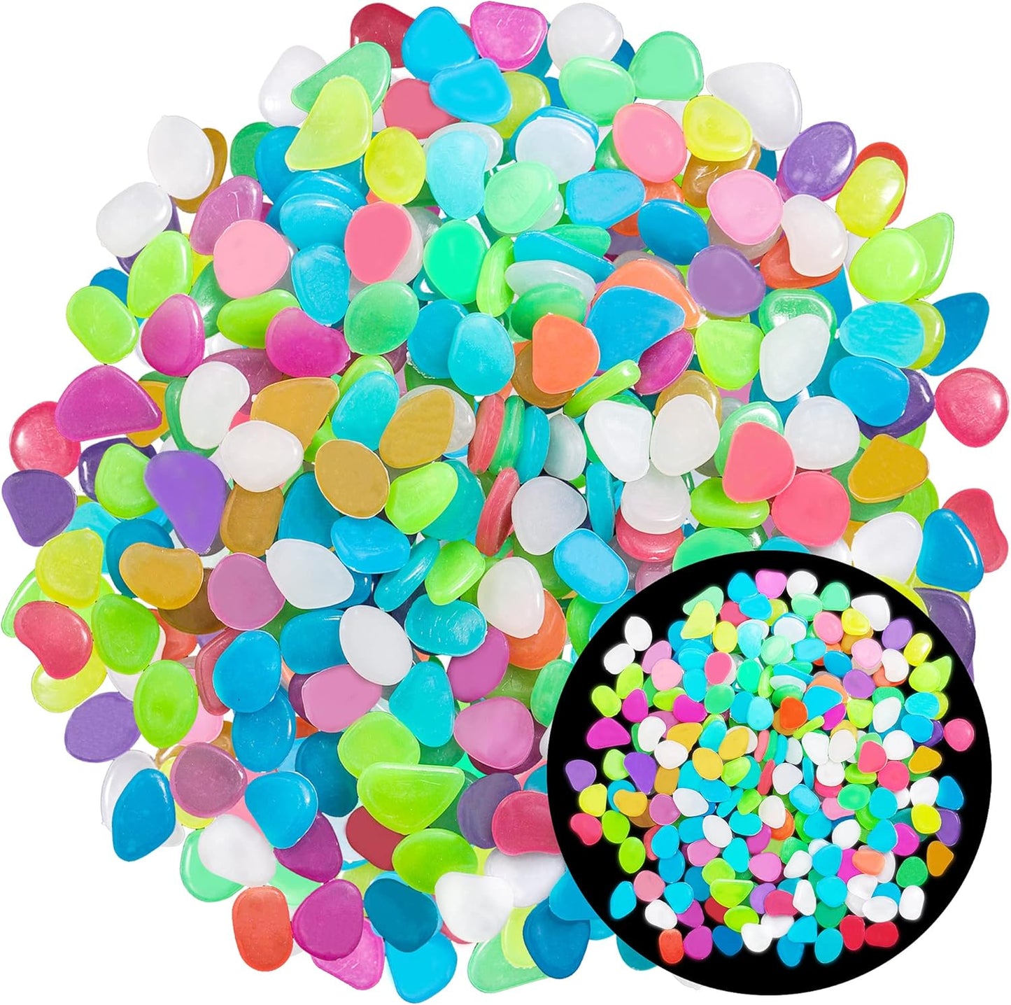 350 PCS Luminous Stones – Mixed Color Glow Rocks Decorations DIY Decorative Pebbles for Aquarium Fish Tank Sidewalk Garden Path Patio Terrace Lawn Yard Ornaments Colorful Cobbles Decor FD05MX350