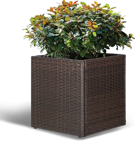 LEWIS&WAYNE Large Square Planter Box Handmade Wicker Tall Planters for Outdoor Plants with Removable Liners Modern Planter for Indoor Outdoor Garden Patio Front Porch - Brown, 17''x17''x18''