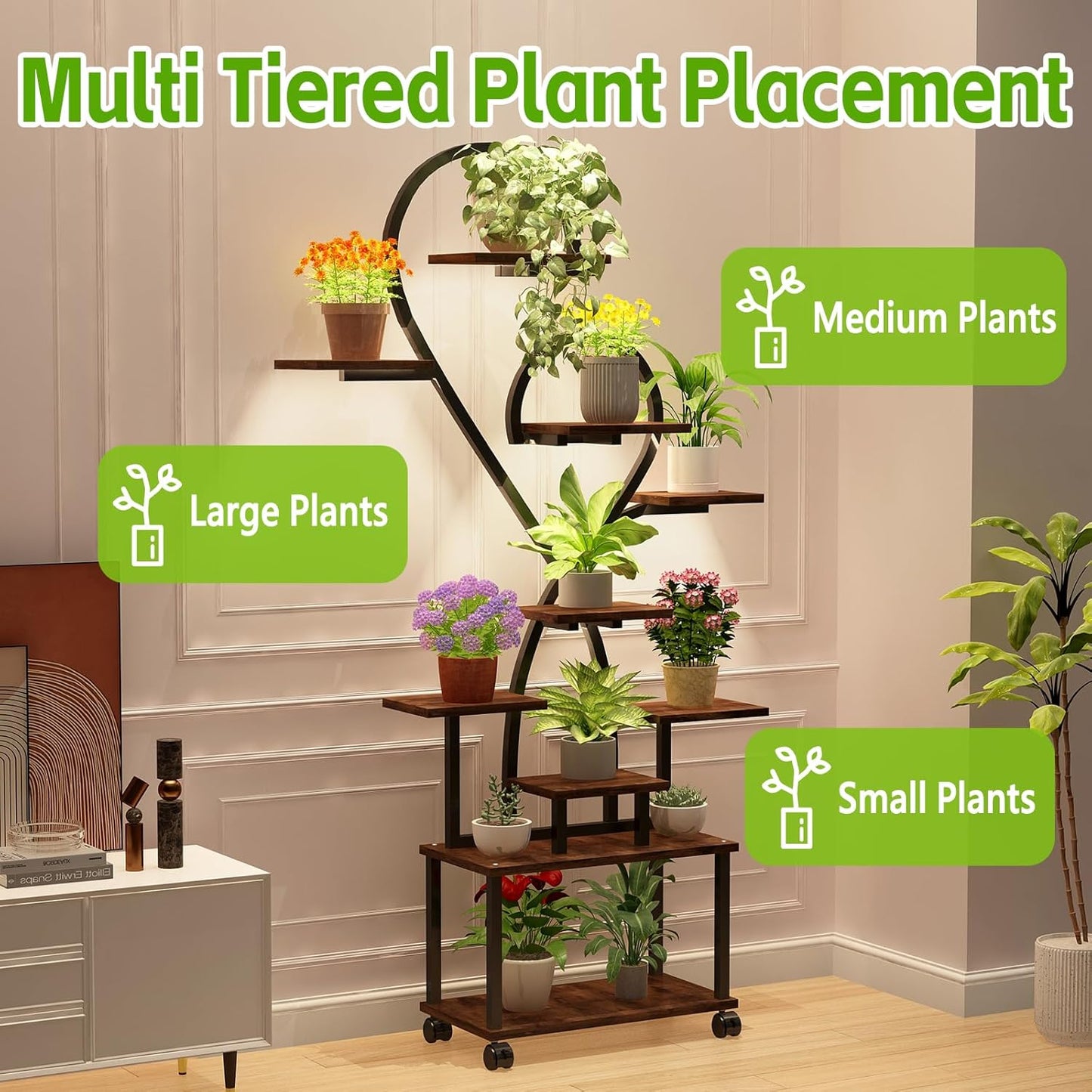 Plant Stand Indoor with Grow Lights, 10 Tiered Indoor Plant Shelf with Wheels, 65" Lighted Corner Plant Stands for Indoor Growing, Heart Shape Decorative for Living Room, Balcony, Black
