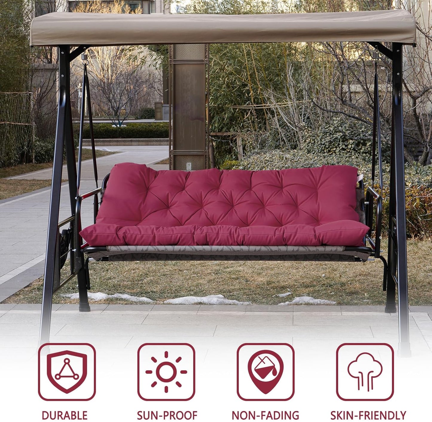 Porch Swing Cushions,Outdoor Cushions 3 Seater Replacement with Backrest, Waterproof Thickened Bench Cushion with Ties for Porch, Patio,Outdoor, Backyard and Garden (Wine Red 60 * 40 in)