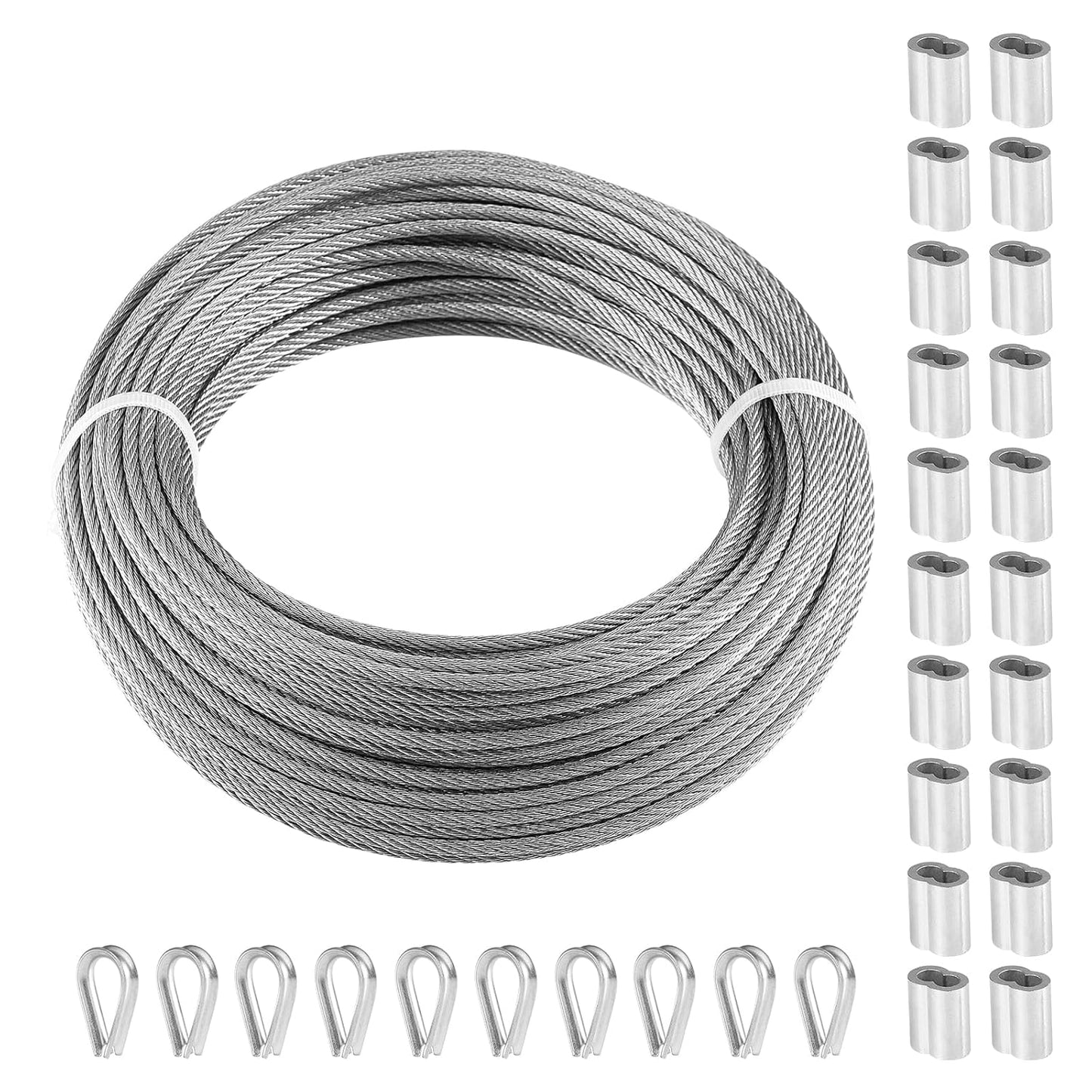 VEVOR 1/8 Stainless Steel Cable, 1/8 Wire Rope, 100 FT 316 Cable Wire 20 Sleeves & 10 Thimbles, 1600 lbs Breaking Strength, 7x7 Strands Marine Aircraft Grade for Handrail Stair Decking Fence Outdoors