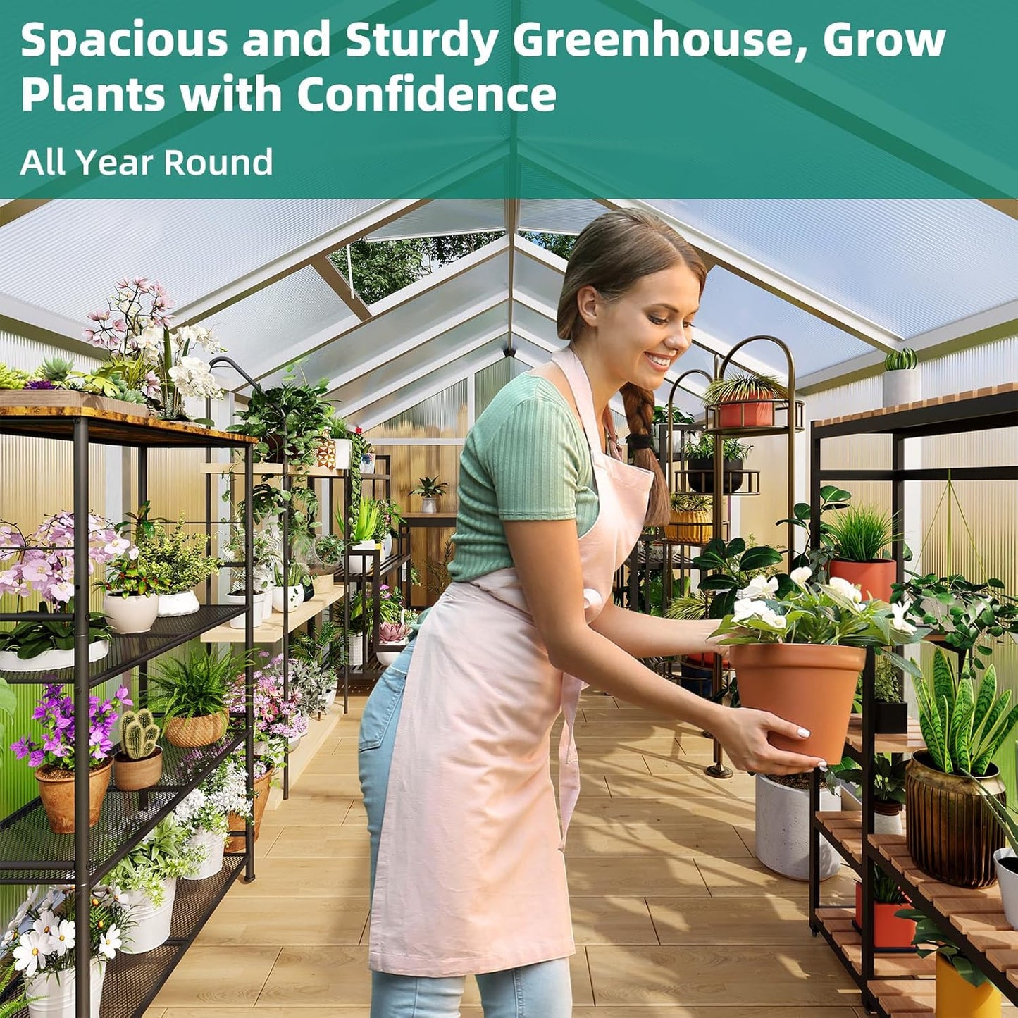 Garvee 8x12 FT Greenhouse - Aluminum Greenhouses for Outdoors, Large Polycarbonate Greenhouse with Roof Vent, Heavy Duty Walk-in Green Houses for Outside Garden, Backyard, Patio, Lawn, Easy Assembly