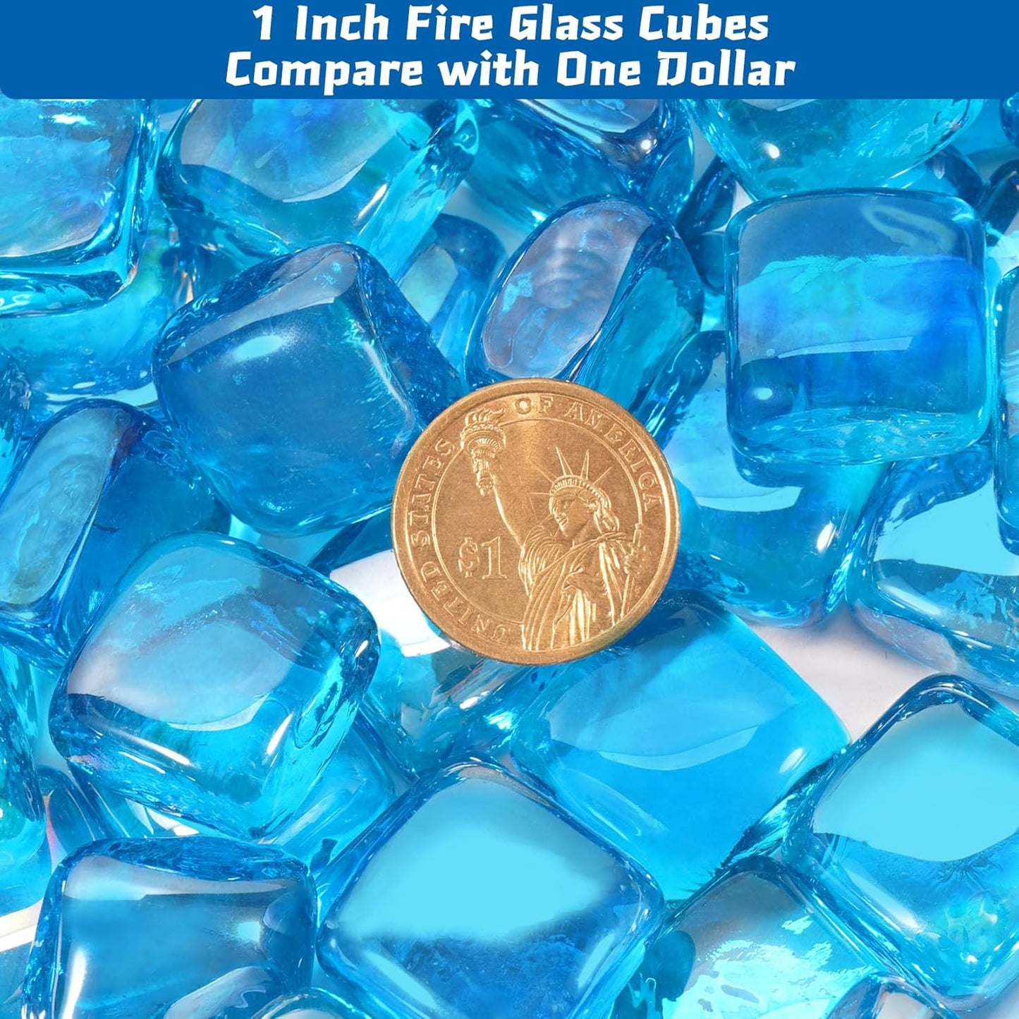 Fire Glass Cube, Firepit Rocks Square for Indoor or Outdoor, Gas or Propane Fire Pit or Fireplace, Heat Resistant, No Poping or Breaking, Tempered Glass Bead, Caribbean Blue, 10lb