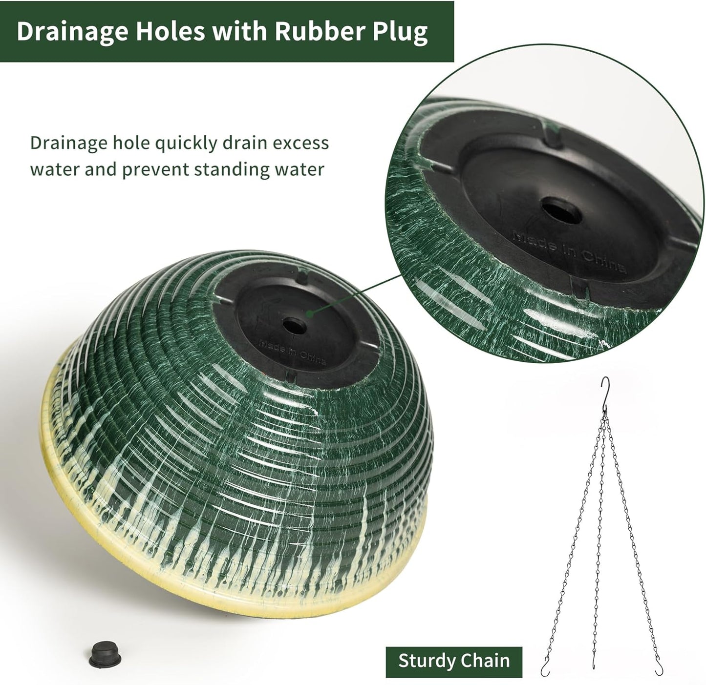 12 inch Large Hanging Planters for Indoor Outdoor Plants, Set of 2 Glazed Hanging Flower Pots with Drainage Hole, Hanging Baskets for Garden Home Porch Decor