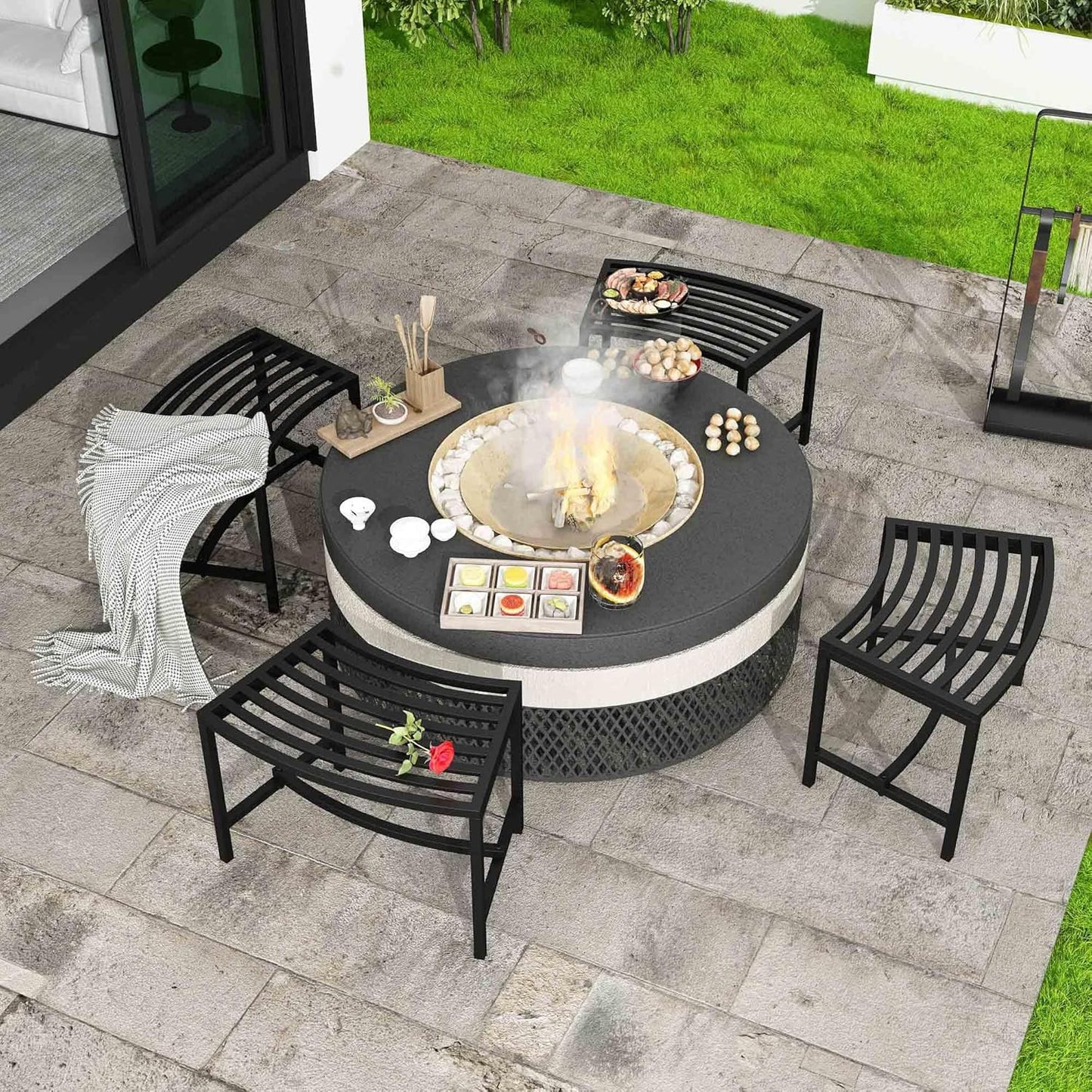 Metal Curved Fire Pit Bench Set of 4, Outdoor Fire Pit Seating, Steel Backless Outside Bench for Garden, Patio, Porch, Backyard, Plant Stand, Heavy Duty Plant Holder, Style 1, Black