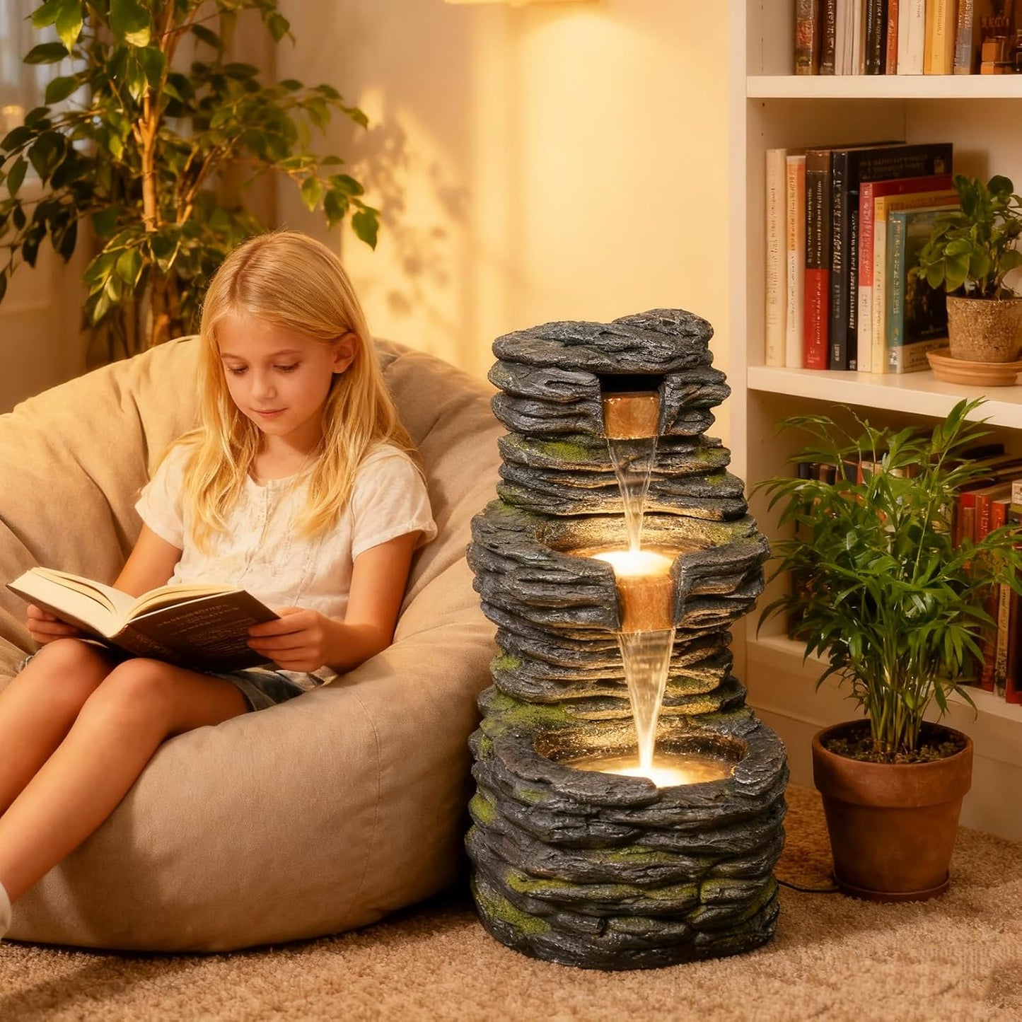 28.8” Tall Rock Water Fountain Outdoor Garden, 3-Tiers Cascading Rock Natural Waterfall Fountains with LED Lights, Indoor Resin Water Feature Fountain for Patio, Garden and Backyard, Deck, Porch, Home