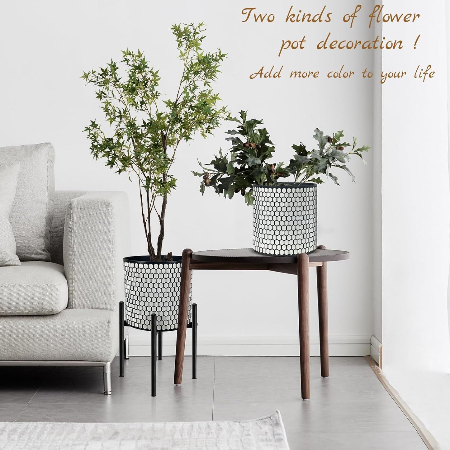 12 Inch Flower Pot Without Bracket with Drainage Holes Suitable for Indoor and Outdoor Decorative Planting (Black White Hexagon, 12 Inches)