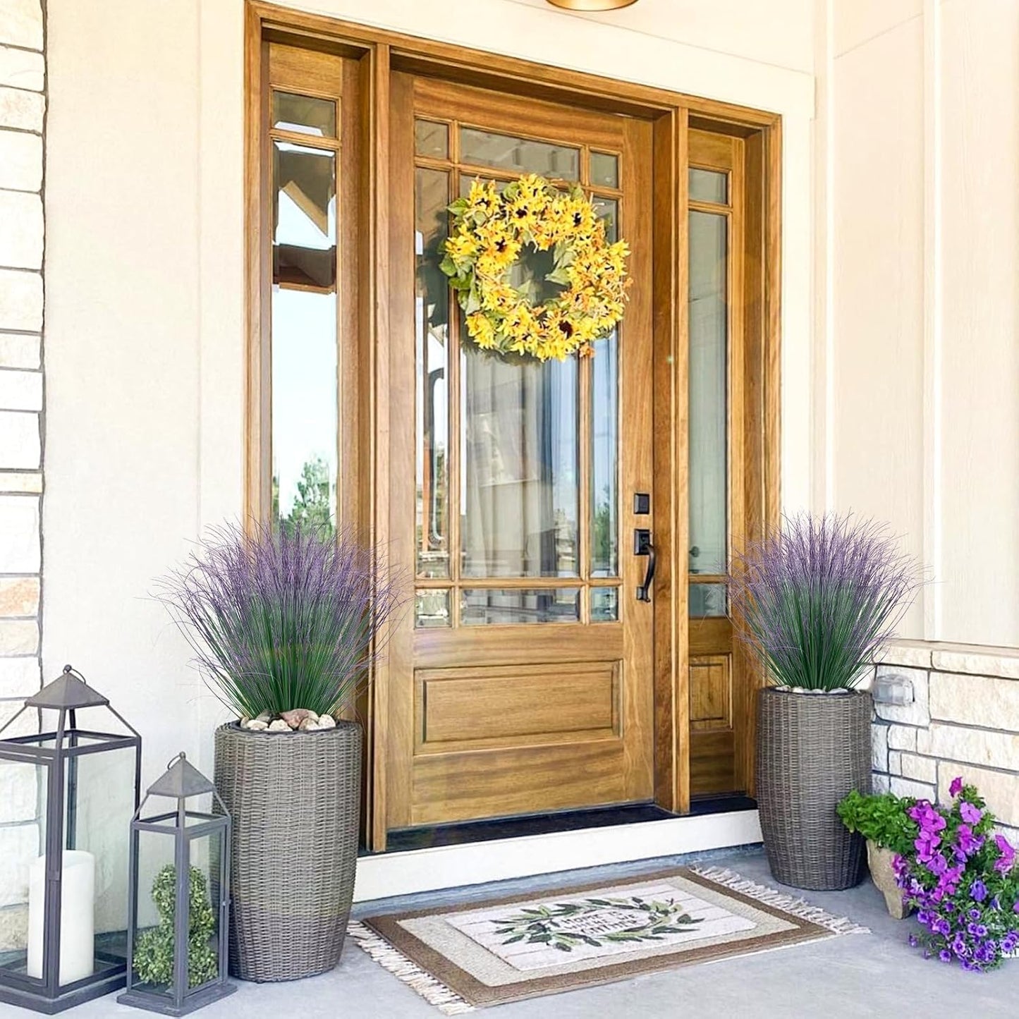 100Pcs Artificial Grass Plants, Faux Shrubs Wheat Grass, Artificial Tall Fake Plants for Outdoor Decor, Greenery Stems Weed for Room Indoor Home Decor（Green Purple Tail）