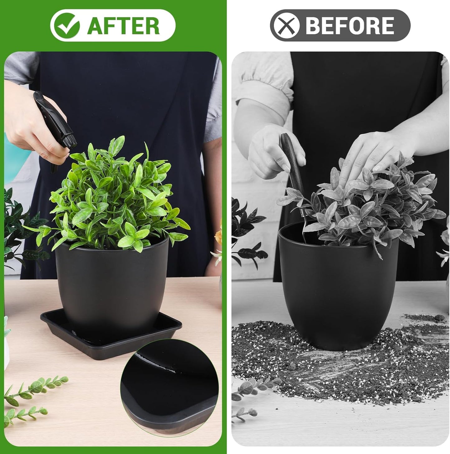 GREANER 6 Packs Square Plant Saucer, Plant Water Dray Tray, Durable Thick Plant Pot Dish for Flower Pot, Plastic Plant Tray to Catch Water for Indoor Outdoor(10 Inch, Black)