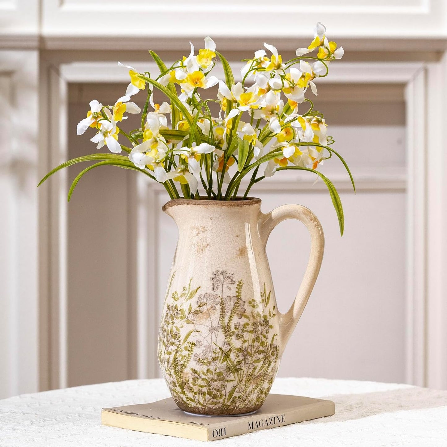 Vintage Green and Beige Ceramic Pitcher Vase with Handle, Farmhouse Floral Decorative Vase, Rustic Table Centerpiece for Home Decor, Living Room, French Country Grand Millennial Decor 8.7 in