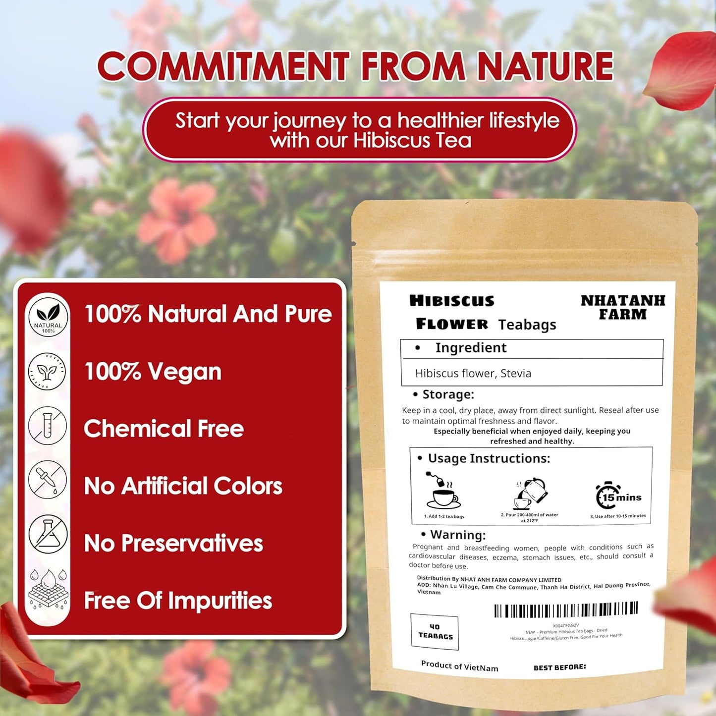 Premium Hibiscus Tea Bags - Dried Hibiscus Flower Tea Bags - 40 Teabags, 2.5g/bag), 100% Natural & Pure Hibiscus Flowers, Sugar/Caffeine/Gluten Free. Good For Your Health