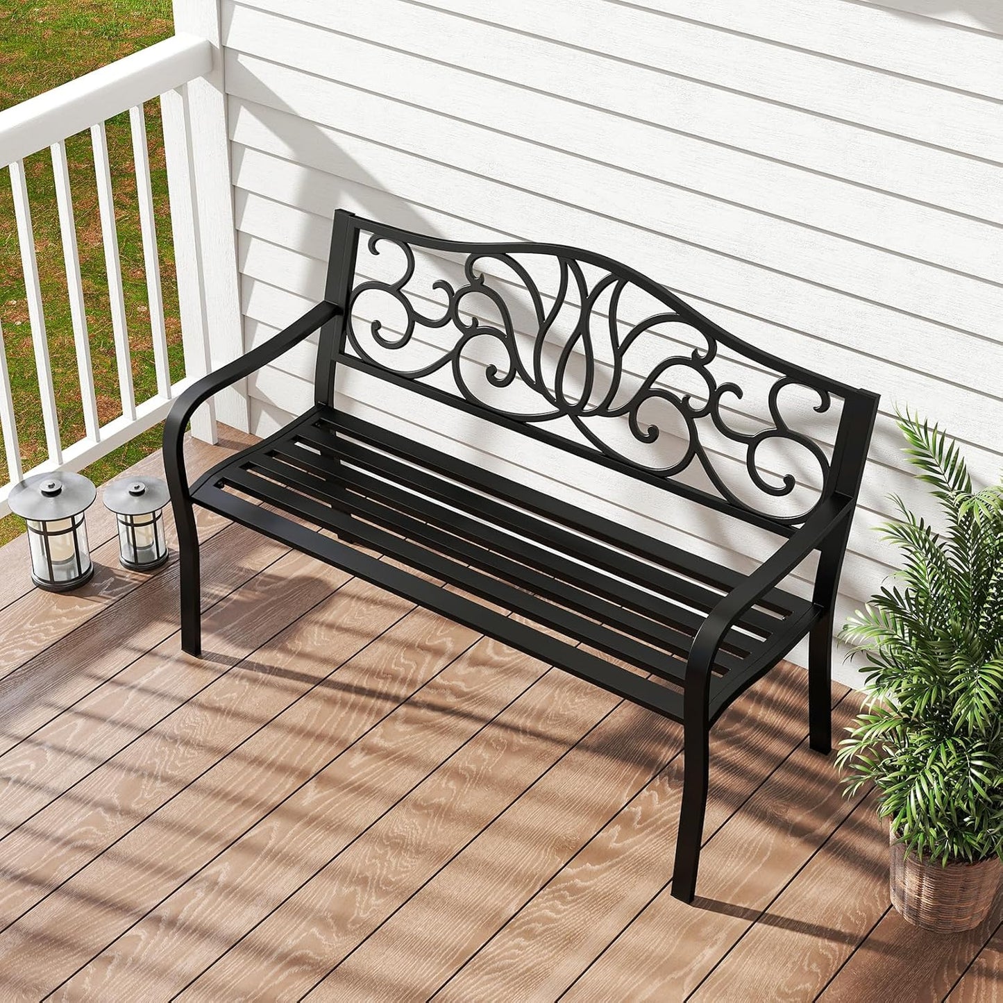 Tangkula 50 Inches Outdoor Garden Park Bench, Cast Iron Metal Front Porch Loveseat with Floral Design Backrest and Slatted Seat, Patio Bench with Armrests for Outside, Yard and Lawn, Black