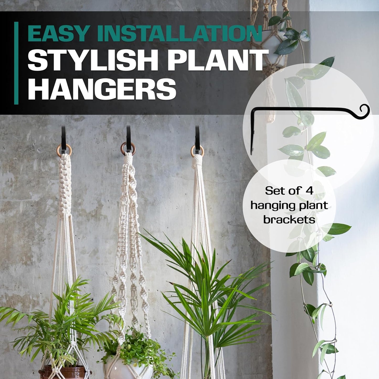 2WAYZ Plant Hanger Bracket for Outdoor - Heavy Duty Hanging Plant Hooks - Forged Wrought Iron Flower Pot Hangers - Black Hanging Hooks for Bird Feeders, Planters, Lanterns - Set of 4