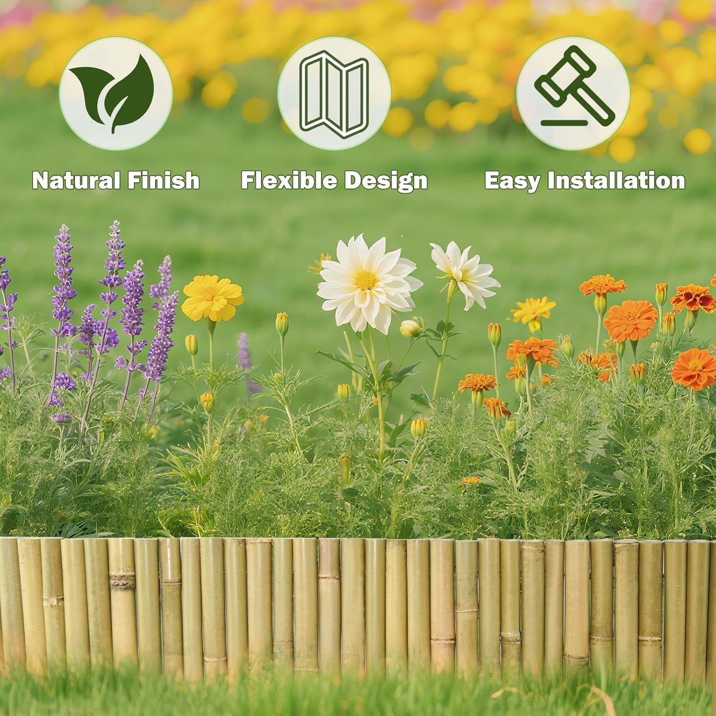 8x39IN Natural Bamboo Edging, Bamboo Garden Border Edging, Outdoor Landscape Edging for Decorative Garden, Patio Flower Garden Bed, Lawn, Yard, Pool Fences（1Pc with 3 Short Poles）