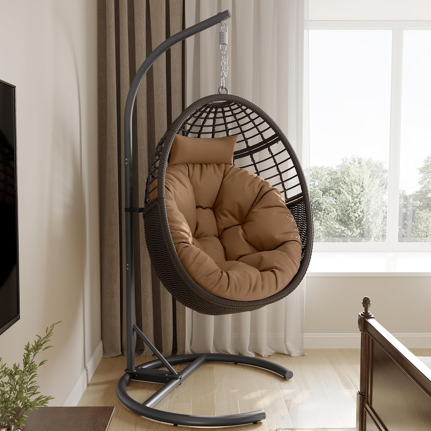 TWT Egg Swing Chair with Stand Rattan Wicker Hanging Egg Chair for Indoor Outdoor Bedroom Backyard Hammock Egg Chair with Metal Frame and UV Resistant Cushion 330lbs Capacity-Dark Brown