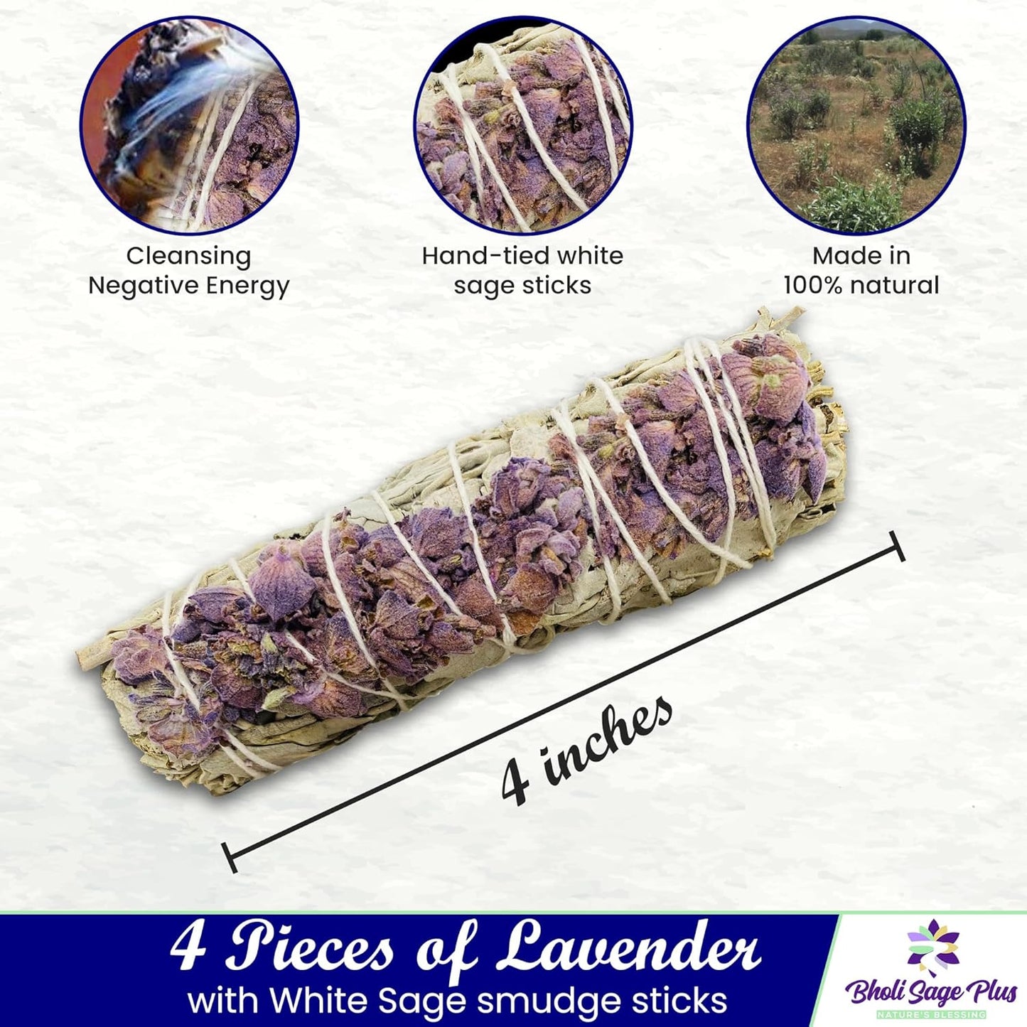 Lavender with White Sage - Bholi Sage Plus Sage Incense Sticks for Cleansing Negative Energy, Sage Sticks for House Cleansing - Lavender with White Sage Smudge Sticks Pack of 4
