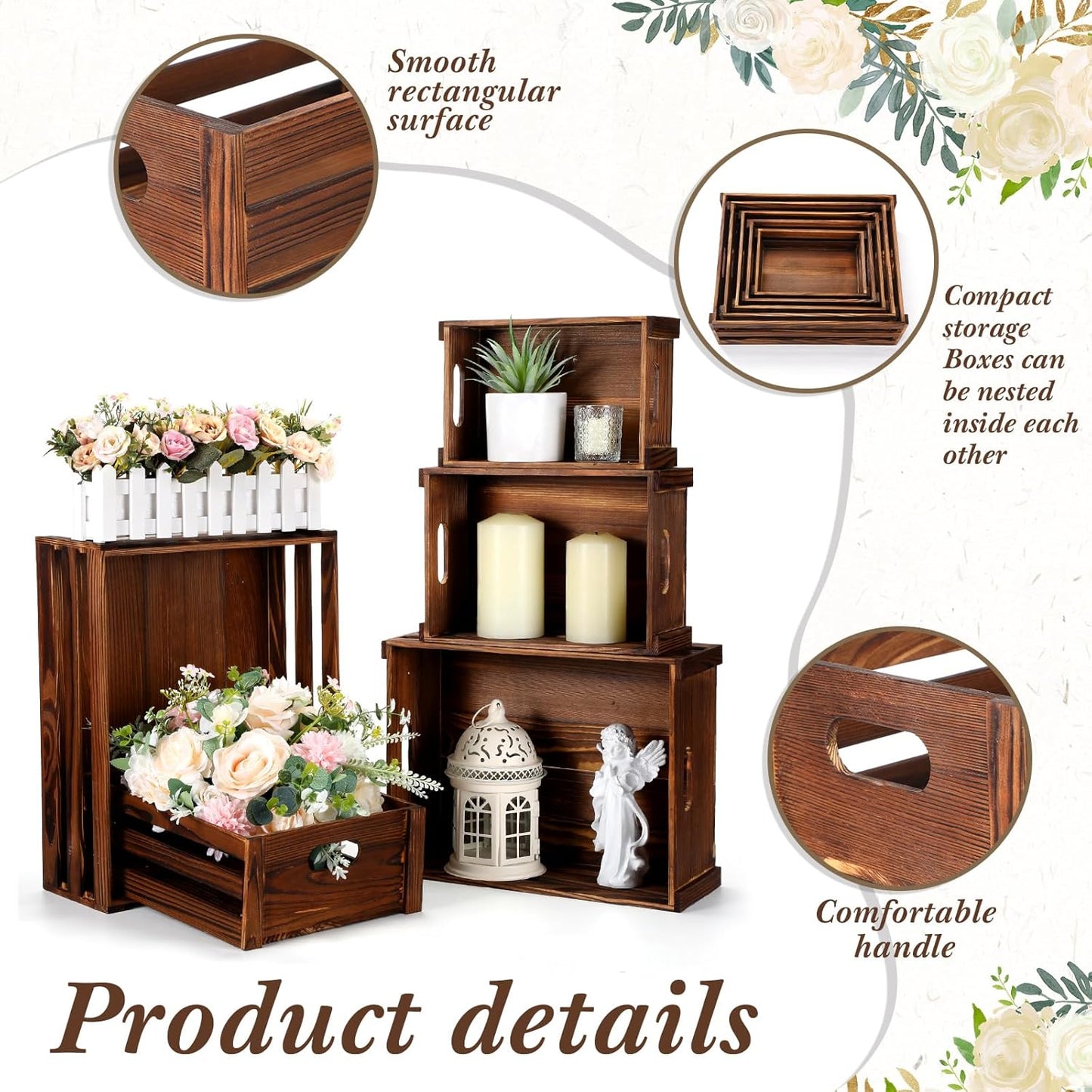 5 Pack Decorative Wood Crates for Display 5 Sizes Rustic Nesting Wooden Crates Vintage Storage Container Boxes with Handles Handmade Decorative Baskets Bin for Farmhouse(Rustic Brown)