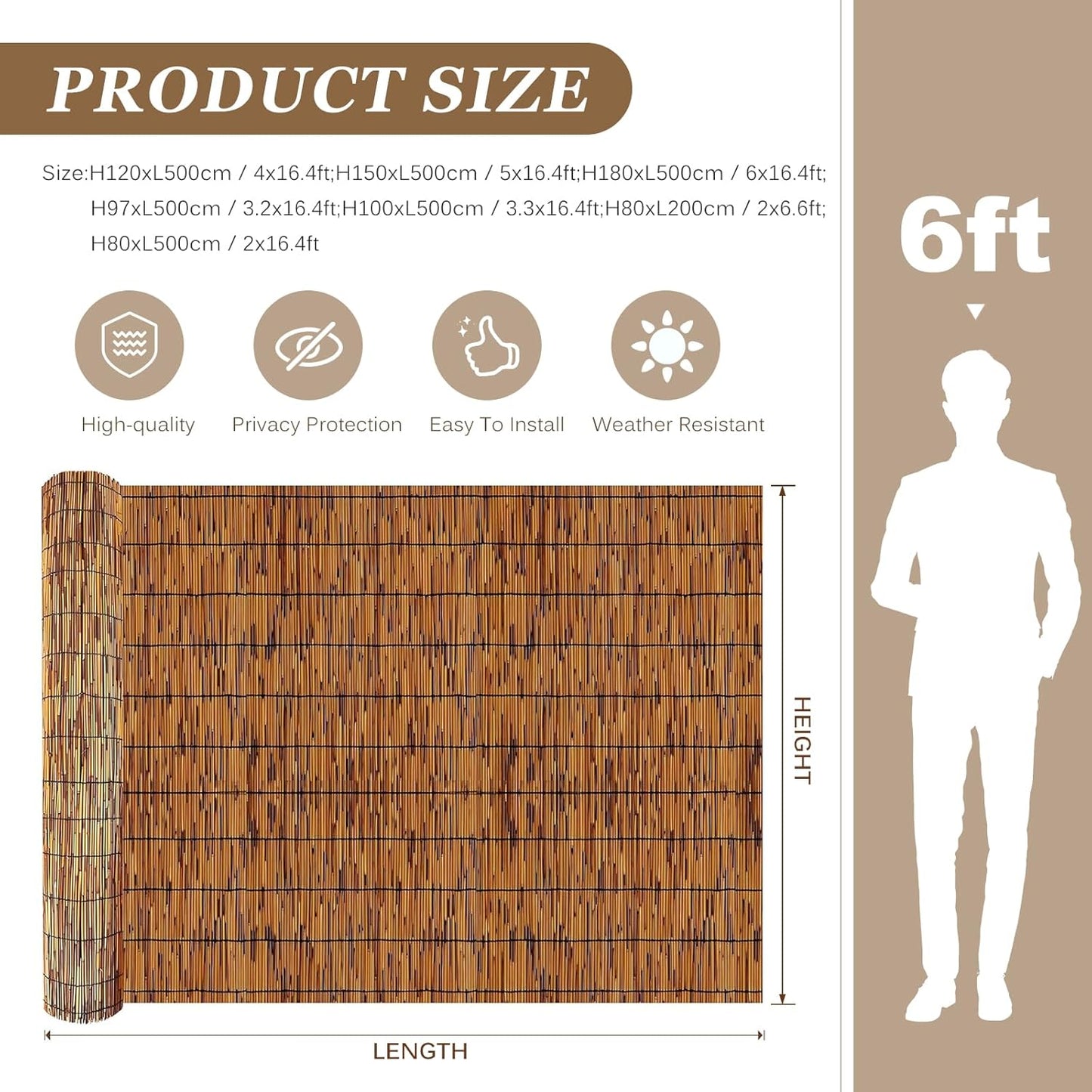 Natural Reed Fencing Rolls: Privacy Bamboo Fence 3/4/5/6ft High Roll Reed Screen, Decorative Bamboo Fencing for Outdoor Balcony Patio Garden Backyard,with Cable Zip Ties(Coffee, 4x16.4ft)