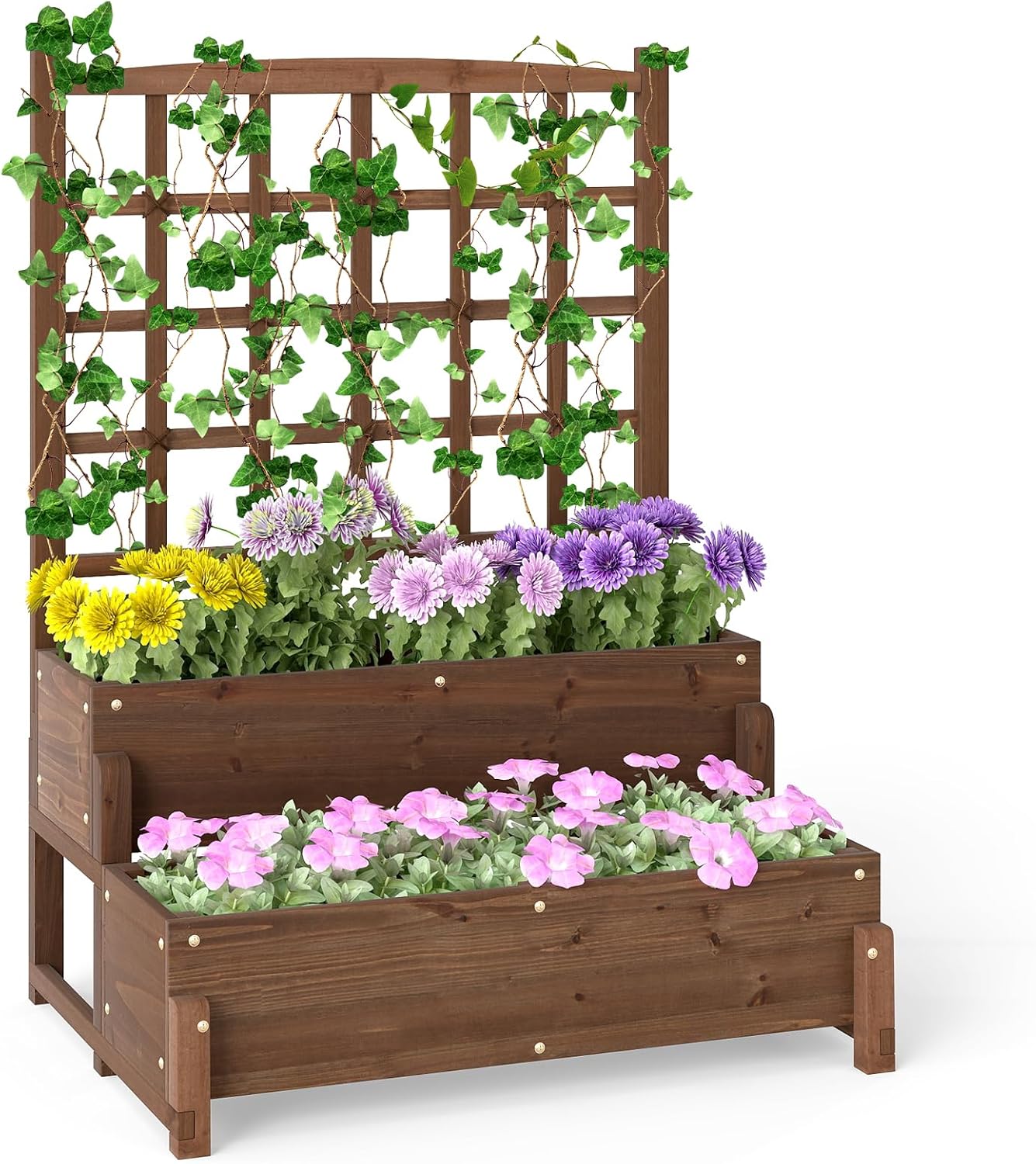 HAPPYGRILL Raised Garden Bed with Trellis, Drainage Holes, 2-Tier Wooden Elevated Planter Box w/Legs for Climbing Plants Vine Flower Herb Vegetable Fruit, Outdoor Garden Box for Patio Balcony