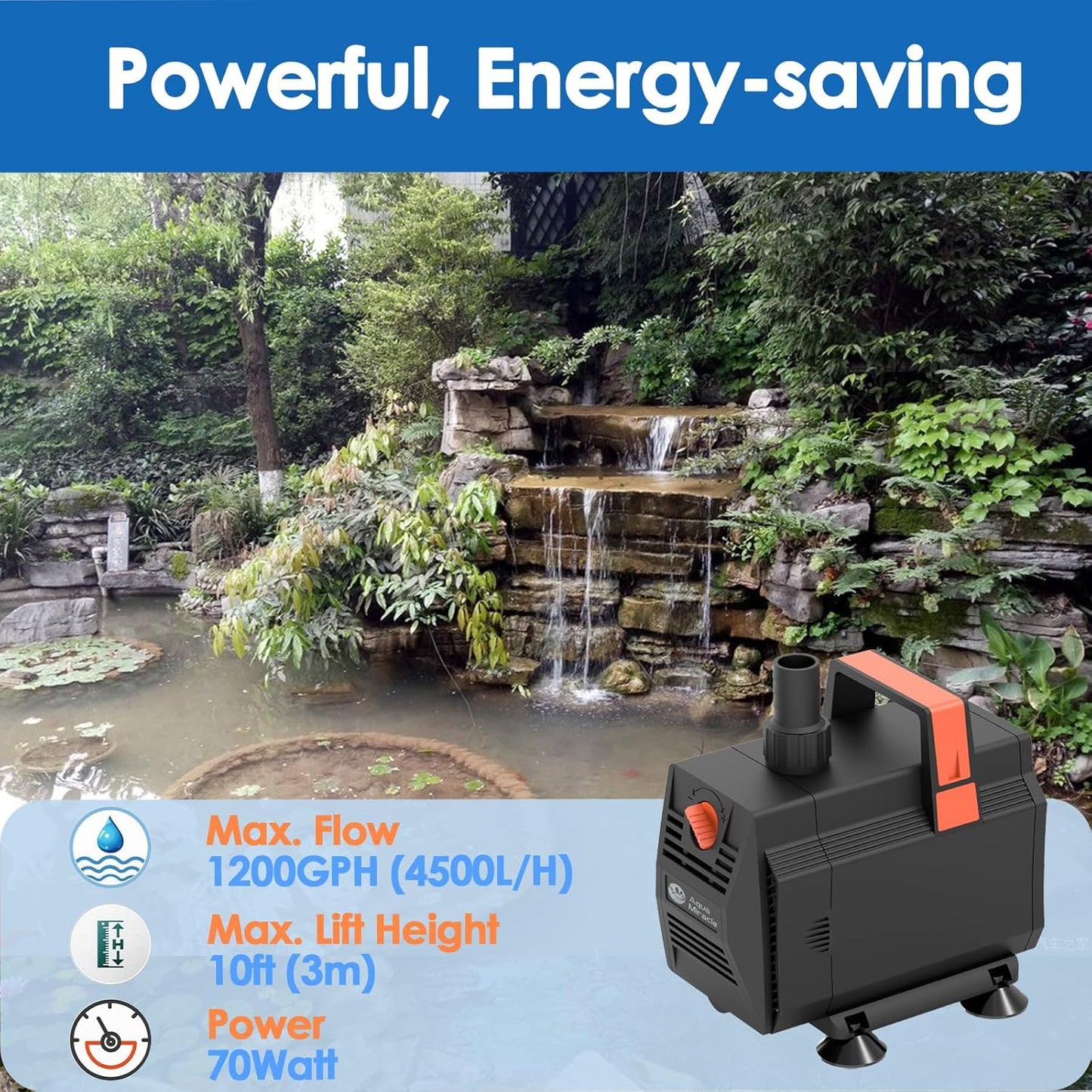 AquaMiracle 1200GPH Submersible Water Pump Pond Pump(4500L/H, 70W), Water Fountain Pump Aquarium Water Pump with Flow Control for Fish Tank, Waterfall, Statuary, Filtration, Water feature, Hydroponics