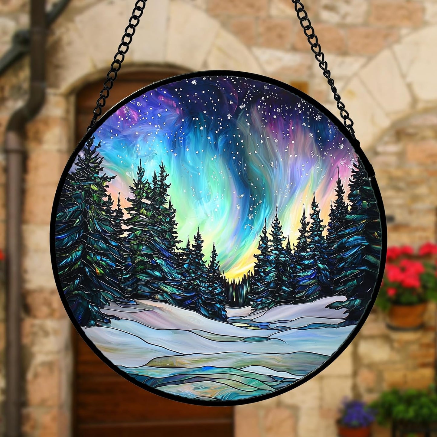Stained Glass Window Hanging, Aurora Landscape Sun Catchers Glass Panel Green Trees Suncatcher Decor for Birthday for Women, Men, Wife, Aunt, and Mom 7.8 in