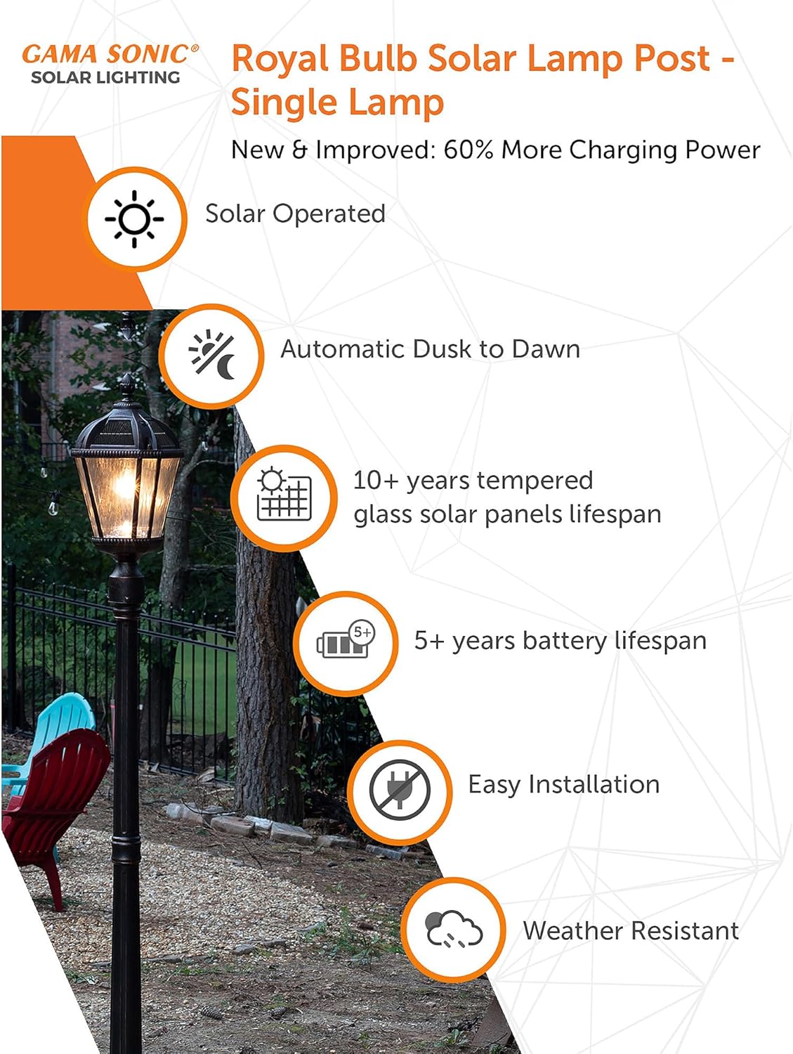 Gama Sonic Outdoor Solar Lamp Post Light, Brushed Bronze Aluminum and Rain Glass Panels, 10-Year Royal Bulb, Warm White LED with Omni-Direction Reflector, 87-inch Height, 98B101 (Upgraded)