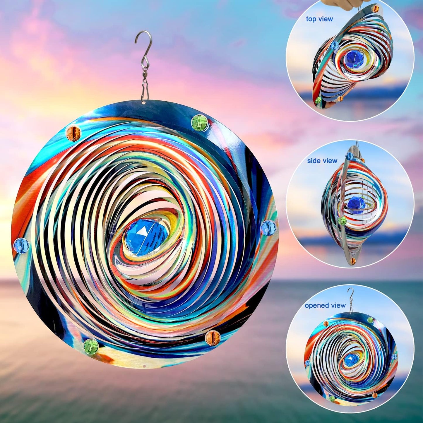 FONMY Mandala Wind Spinner w/Crystal Ball-Blue Plenet 3D Stainless Steel Hanging Spinners Worth Gift Christmas Decoration Indoor/Outdoor Garden Décor Kinetic Yard Art 12 Inches Wind Sculpture