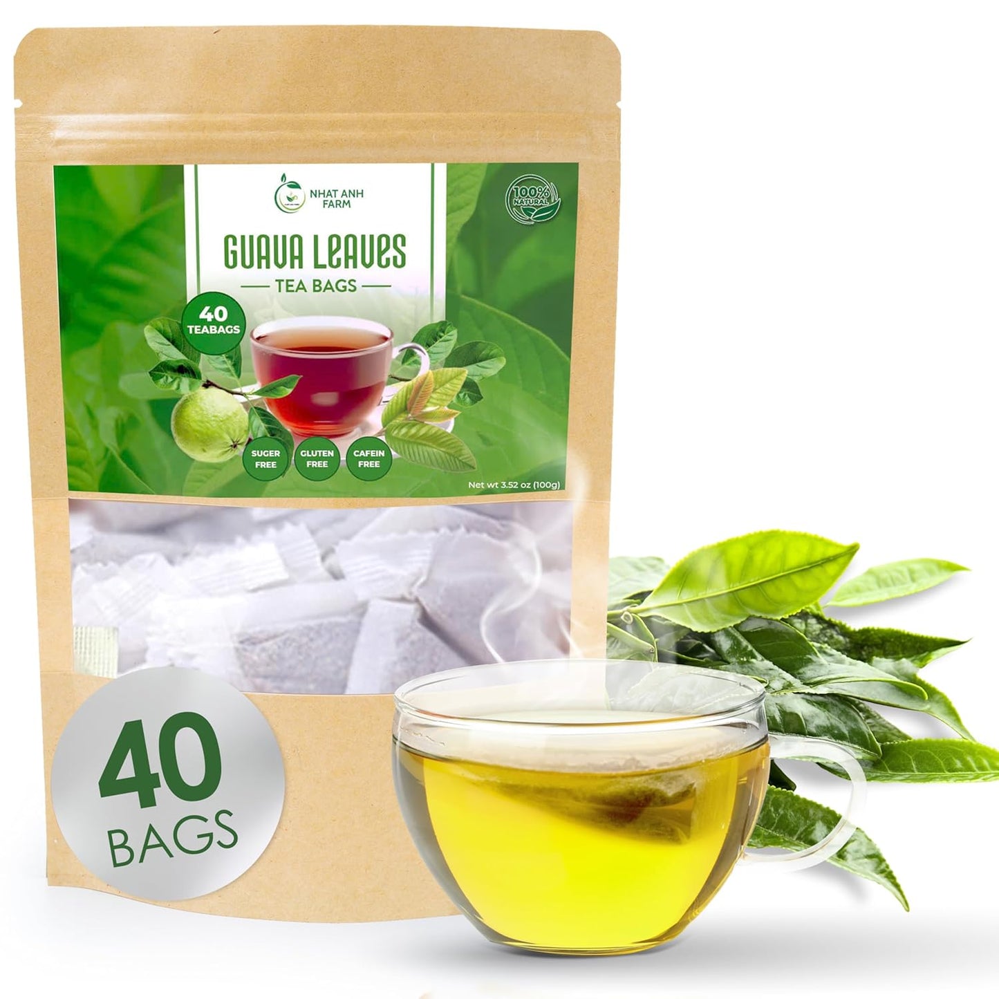 NHAT ANH FARM - Premium Guava Tea Bags - Dried Guava Leaves 40 Tea Bags, 2.5g/bag) - 100% Natural And Pure, Sugar/Caffeine/Gluten Free. Good For Your Health