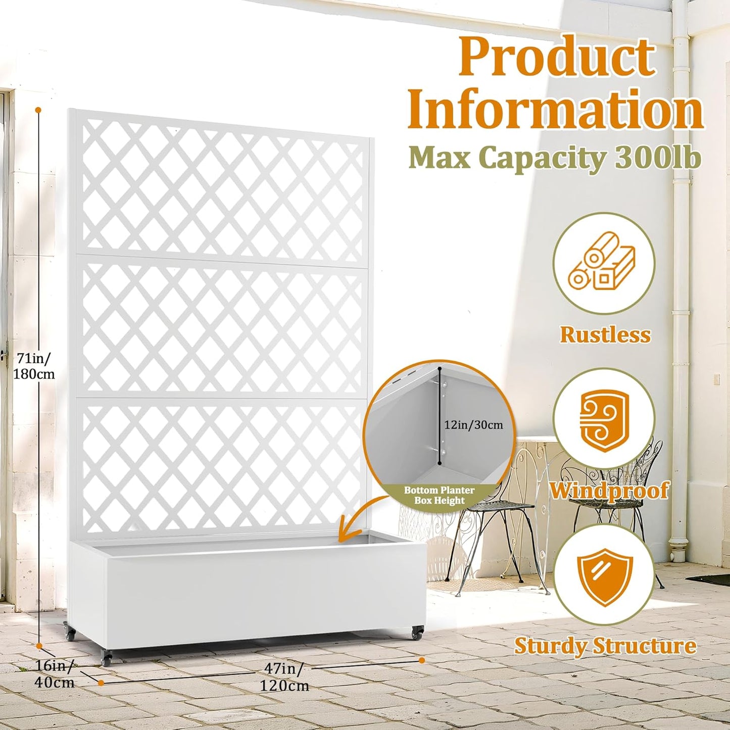 Metal Planter Box with Trellis, Heavy-Duty Raised Garden Bed for Climbing Plants, Drainage Hole, Outdoor Planter Box with Privacy Screen，47''L×16''W×71''H