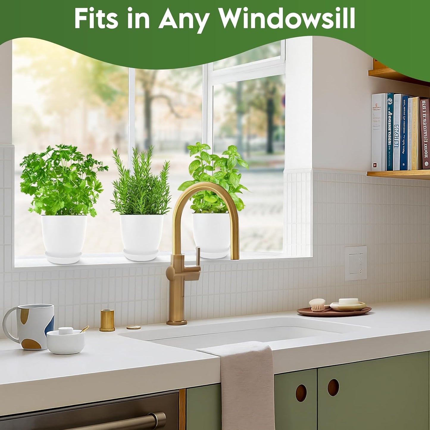 Indoor Garden Kit - Plant Pots with Drainage, Watering Can & Tools - Ideal Windowsill Planter Set - Modern Home & Kitchen Decor Gift - White