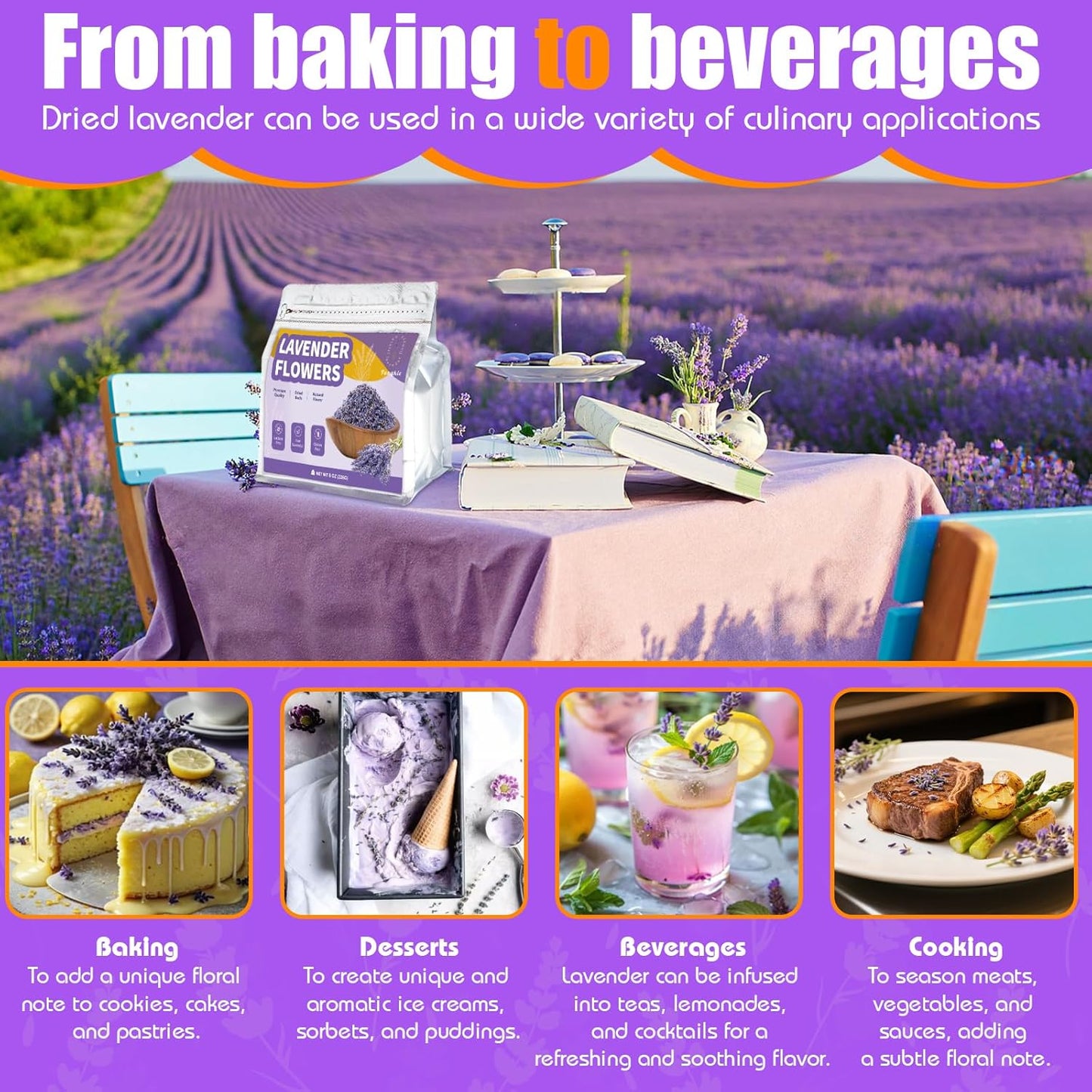 Dried Culinary Lavender Flowers - Food Grade Lavender Buds for Tea, Baking, Potpourri, Home Fragrance & Sachets, Edible Flowers - Gluten Free (8 oz)