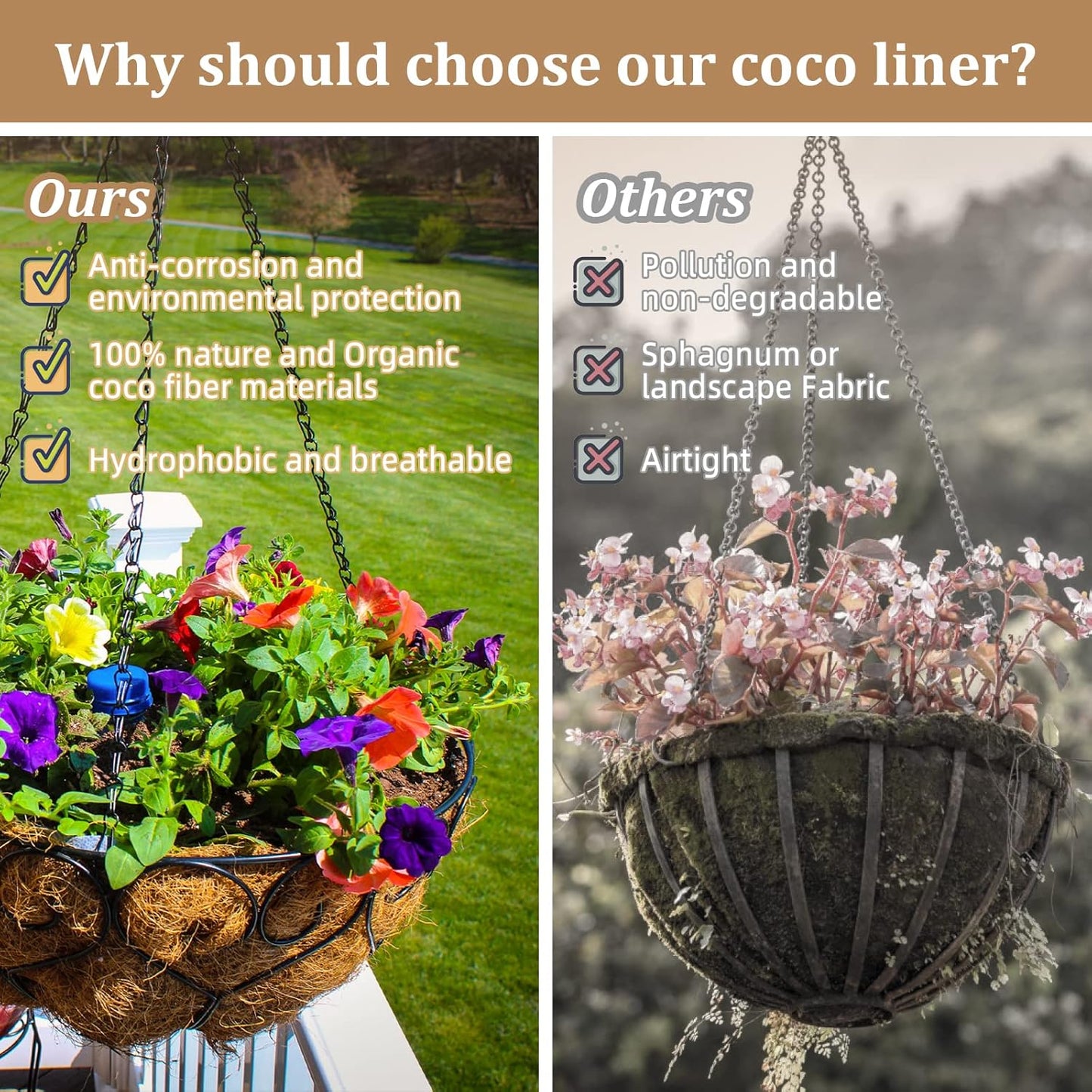 Legigo 4 Pack 18 Inch Hanging Basket Coco Liners Replacement, 100% Natural Round Coconut Coco Fiber Planter Basket Liners for Hanging Basket Flowers/Vegetables