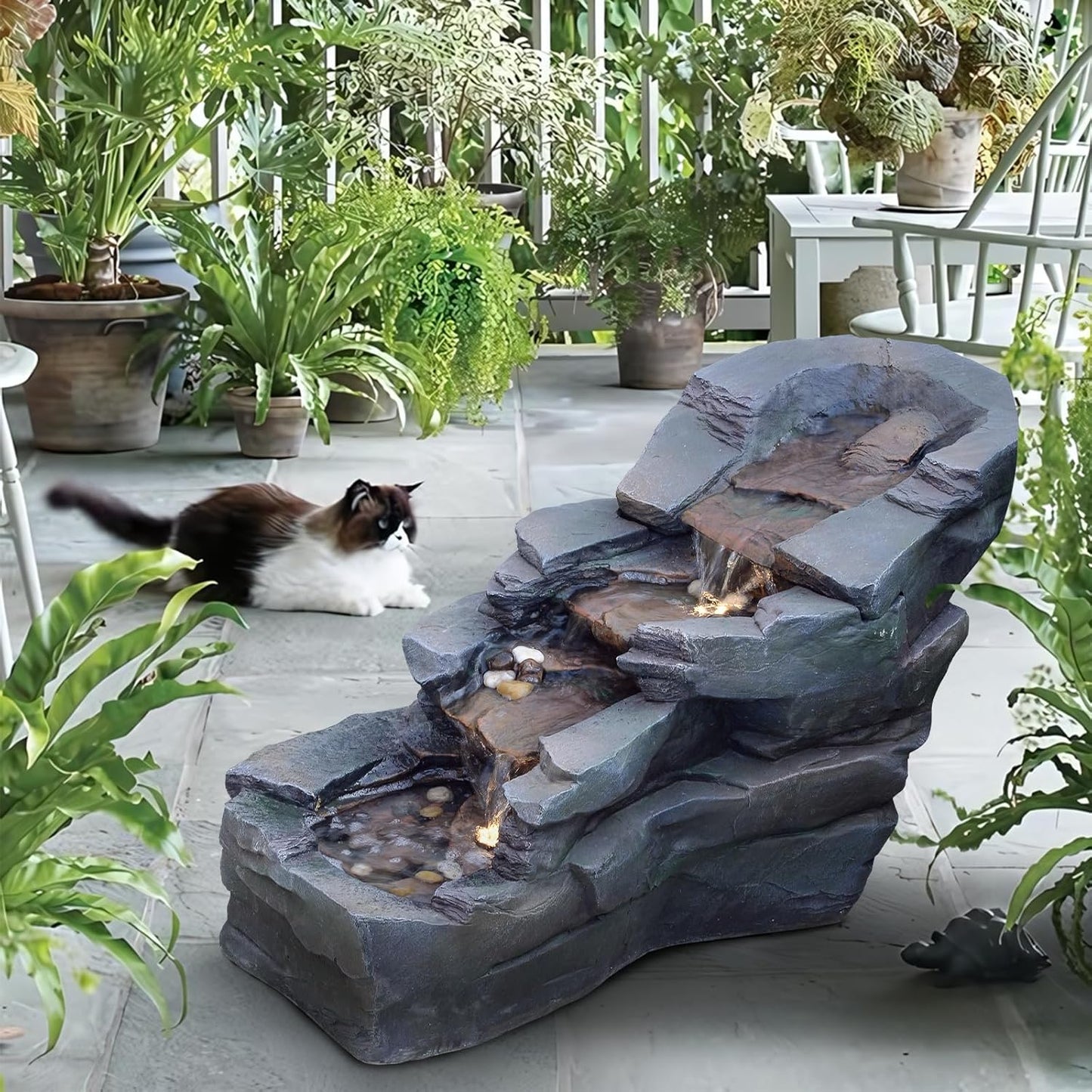 Outdoor Water Fountain 3-Tier Floor Standing Rainforest Rock River Natural Waterfall Fountains with LED Lights for Garden, Patio, Porch, Home Art Decor, 30" L