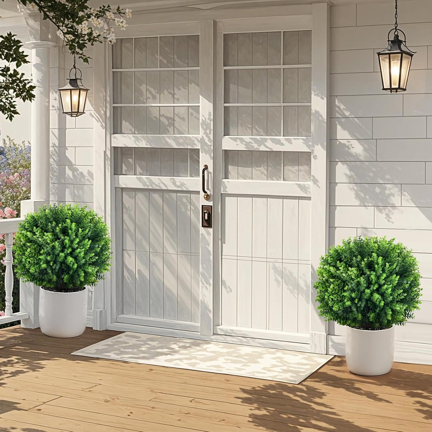 Artificial Topiary Tree with Eucalyptus, Set of 2 UV Resistant 17in Miniature Trees, Outdoor for Porch, Fake Bonsai Topiaries, Greenery Balls, Faux Shrubs for Planters, Curb Appeal Decor