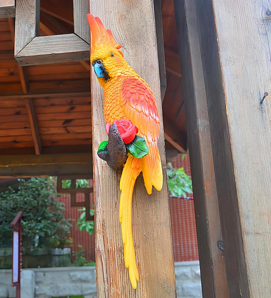 Statue Bird,Garden Decorations Bird Figurine,Resin Bird,Bird Statue Real Parrot Figurine,Flapping Macaw Bird Tropical Decor Wall Sculpture, Polyresin, Orange Color