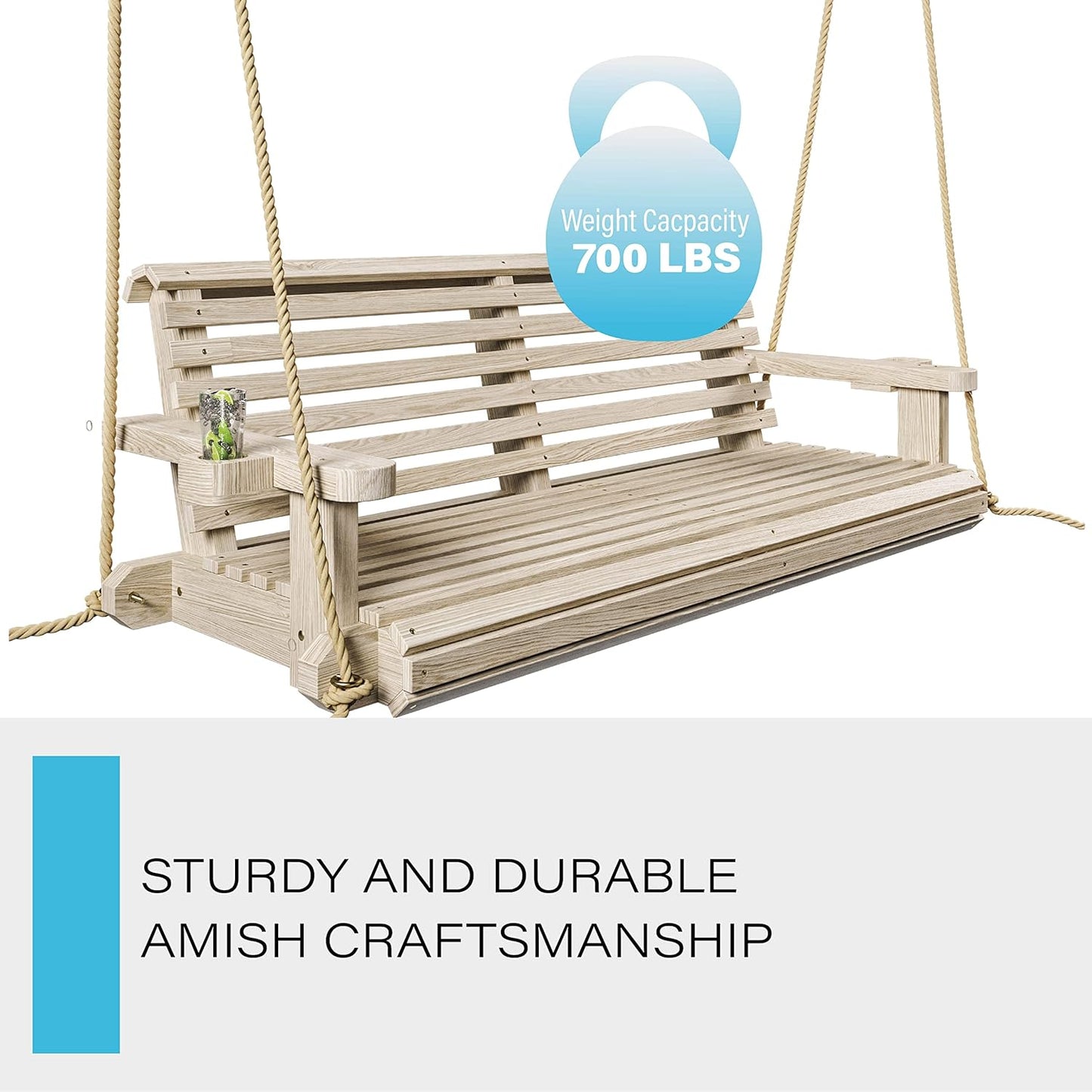 Porchgate Amish Heavy Duty 800 Lb Roll Comfort Treated Porch Swing W/Ropes (5 Foot, Unfinished)