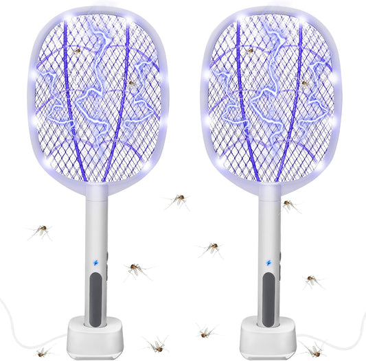 Electric Fly Swatter Rackets, 2-in-1 Handhold Bug Zapper with 3000V High Voltage, Plug-in Mosquito Killer Insect Light Trap with 3 Layer Safety Mesh Portable for Indoor Outdoor Use (2)
